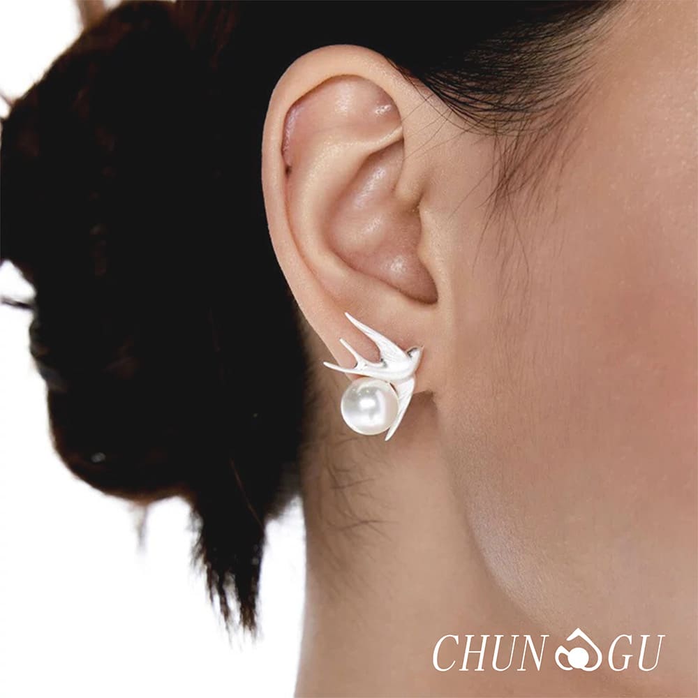 Origami Bird Pearl Stud Earrings 