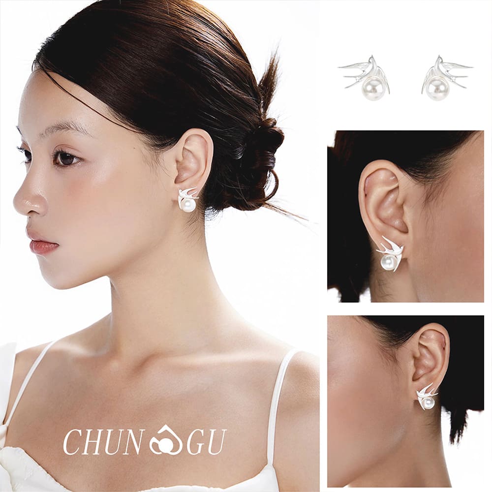 Origami Bird Pearl Stud Earrings 