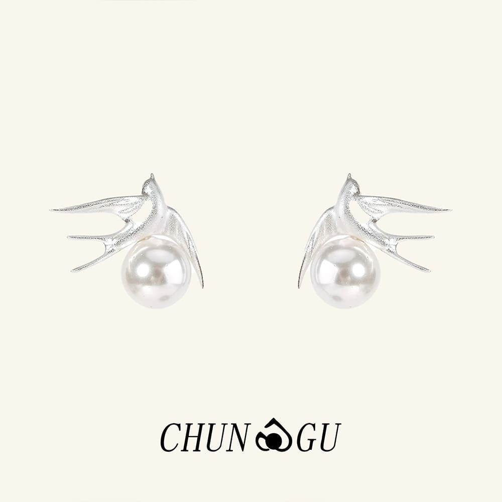 Origami Bird Pearl Stud Earrings 
