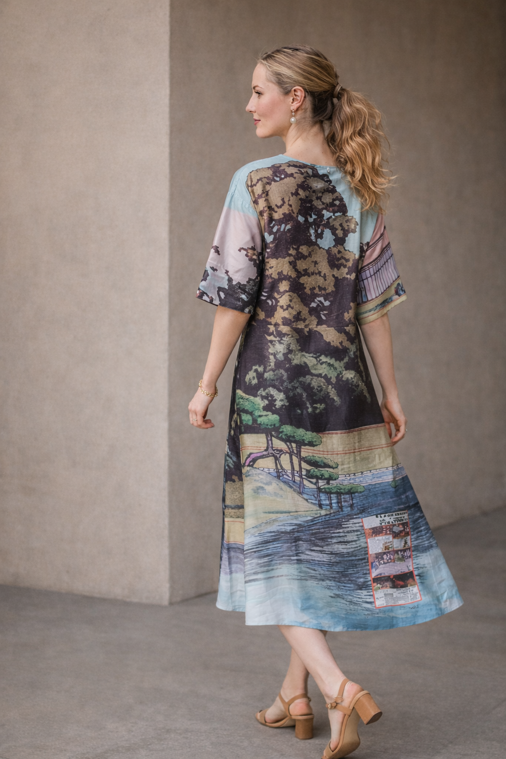 Landscape Print Oversized Silk-Blend Dress-Mesadic