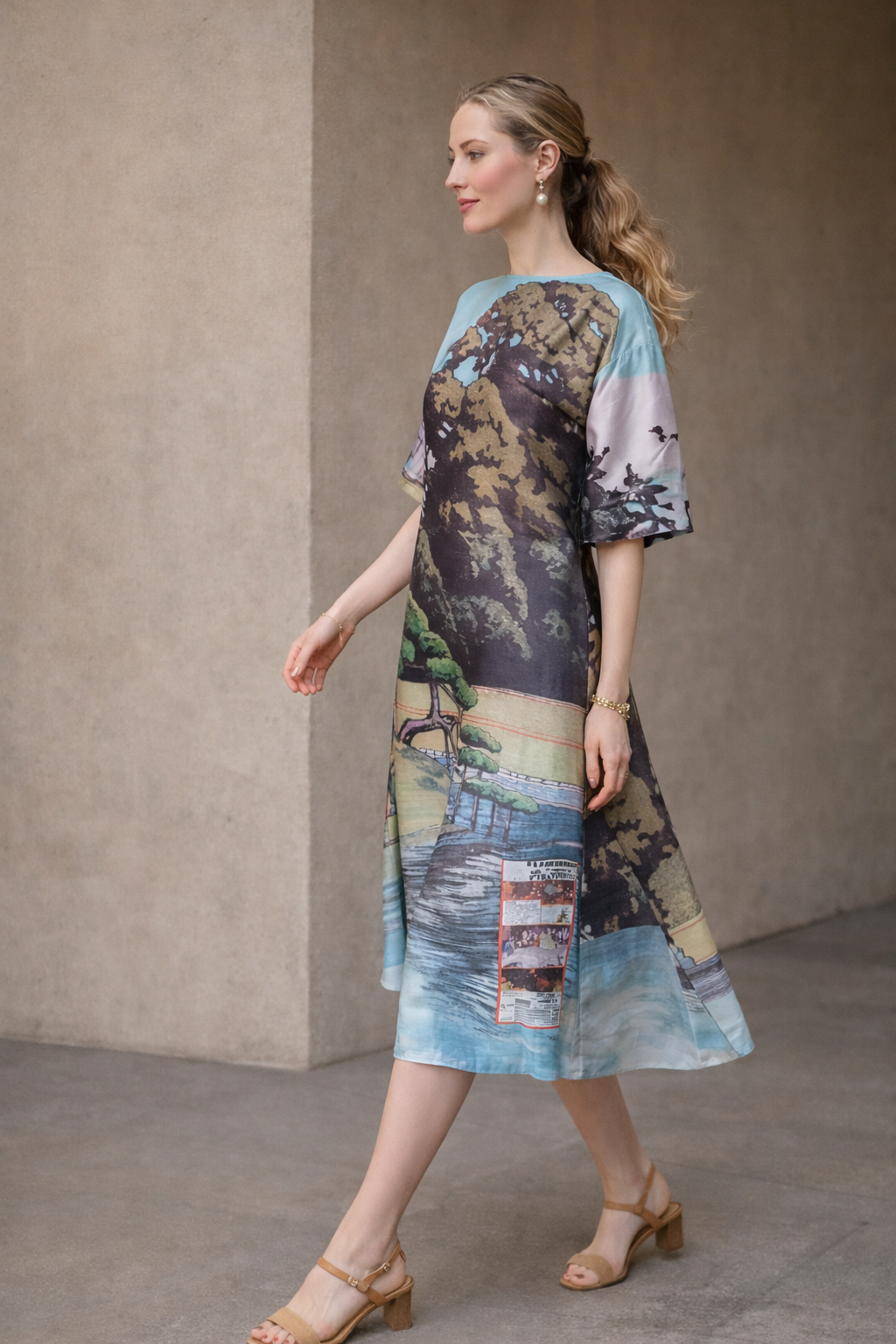 Landscape Print Oversized Silk-Blend Dress-Mesadic
