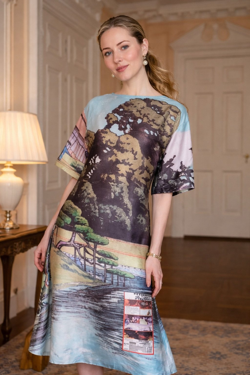 Landscape Print Oversized Silk-Blend Dress-Mesadic