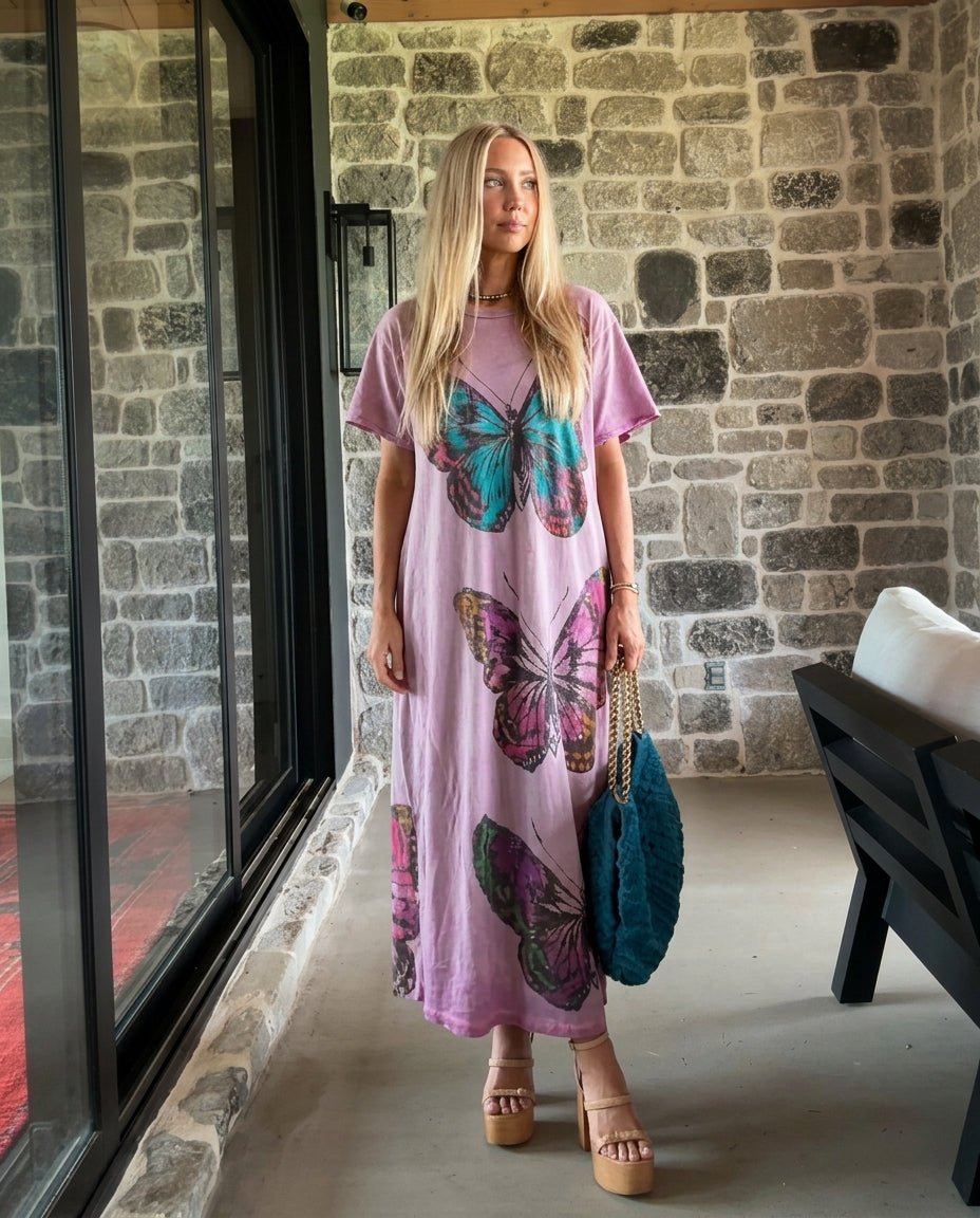 Lavender Tie-Dye Muse Summer Floral Maxi Dress Lavender Tie-Dye Maxi Dress with Asymmetric silhouette and Ribbed Knit texture, front view product image for Garden Party, an estate dinner at golden hour, US East / Hamptons Elite by Mesadic