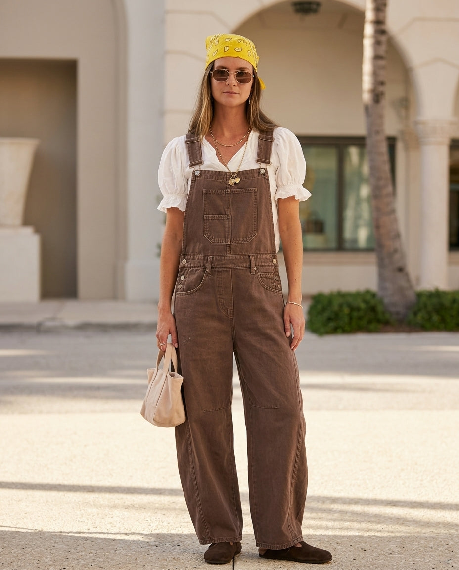 Brown Aura Denim Jumpsuit Brown Jumpsuit with Wide-Leg silhouette and Textured texture, front view product image for Business Casual, Sunset in Malibu, US Coastal Glam by Mesadic