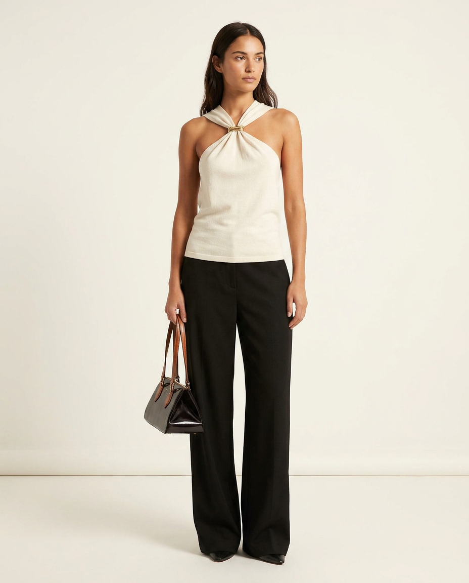 Ivory Reverie Summer Halter Top Ivory Top with Asymmetric silhouette and Ribbed Knit texture, front view product image for Weekend Brunch, an estate dinner at golden hour, US East / Hamptons Elite by Mesadic