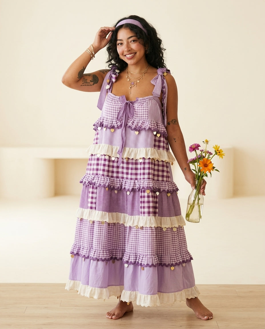 Lilac Velvet Resort Tiered Maxi Dress Lilac Maxi Dress with Asymmetric silhouette and Textured texture, front view product image for Resort Wear, a polished coastal brunch, US East / Hamptons Elite by Mesadic