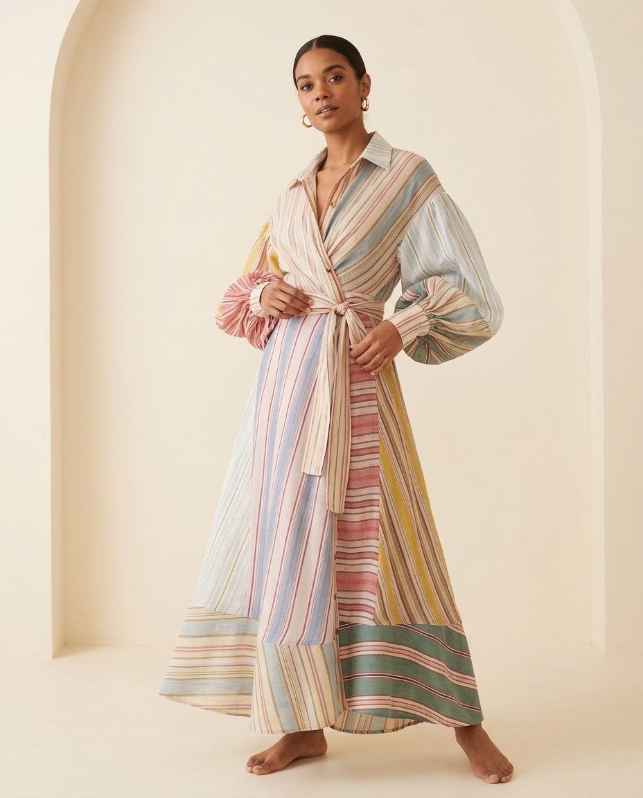 Multi-Color Allure Resort Striped Maxi Dress Multi-Color Maxi Dress with Relaxed Fit silhouette and Linen Blend texture, front view product image for Resort Wear, an estate dinner at golden hour, US East / Hamptons Elite by Mesadic
