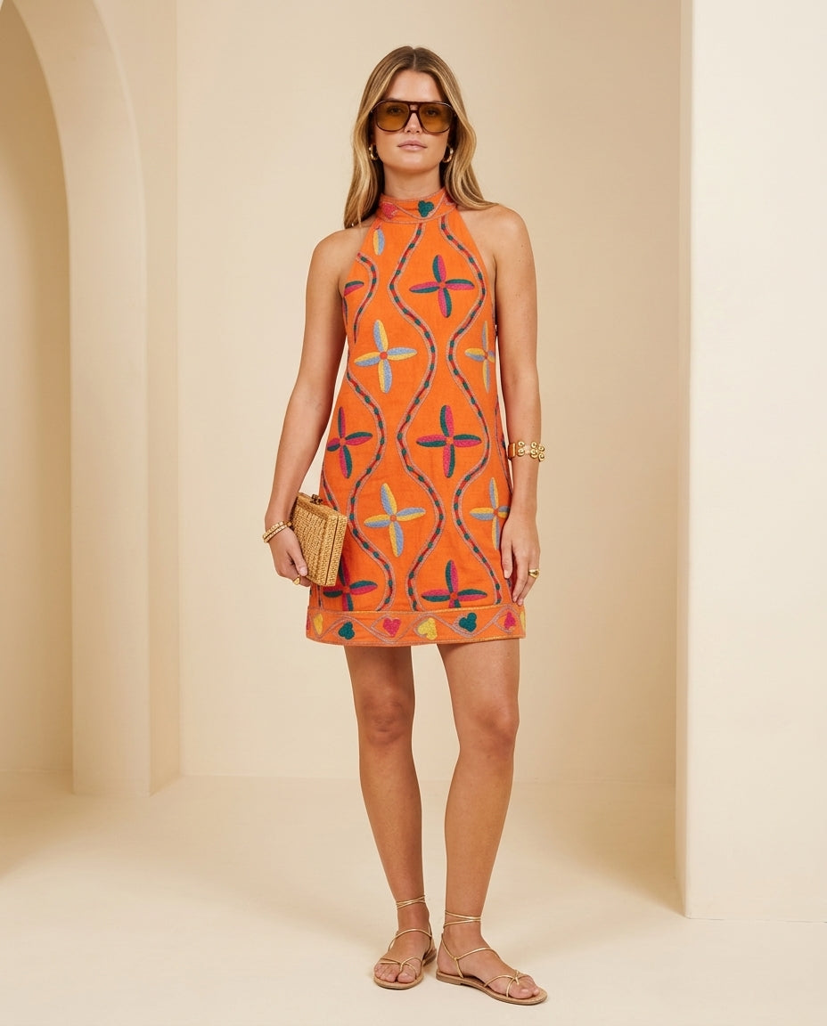Orange Velvet Resort Embroidered Maxi Dress Orange Maxi Dress with Relaxed Fit silhouette and Textured texture, front view product image for Resort Wear, a rooftop dinner in LA, US Coastal Glam by Mesadic