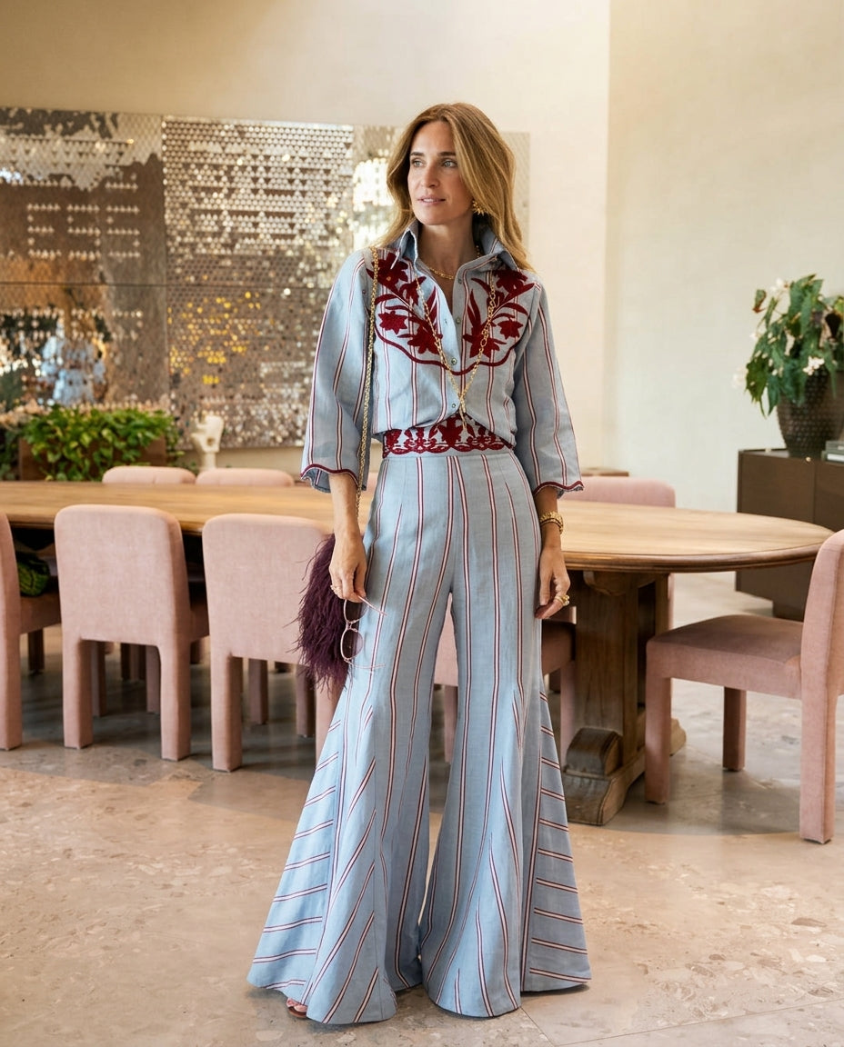 Light Blue Reverie Resort Embroidered Pant Set Light Blue Pant Set with Wide-Leg silhouette and Linen Blend texture, front view product image for Resort Wear, Evening in Amalfi, Euro Chic Premium by Mesadic