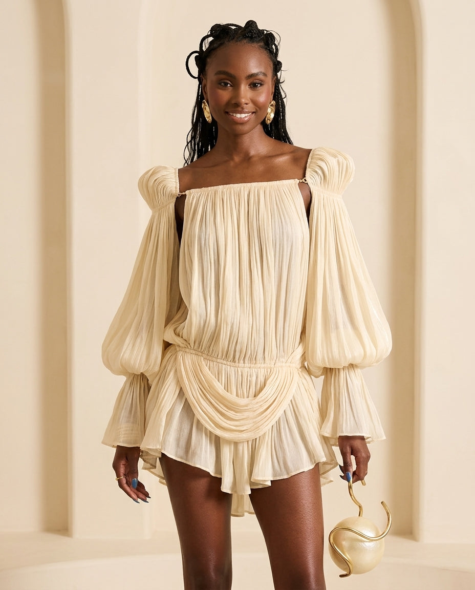 Ivory Whisper Summer Pleated Maxi Dress Ivory Maxi Dress with Relaxed Fit silhouette and Textured texture, front view product image for Vacation Evening, a gallery opening in Paris, Euro Chic Premium by Mesadic