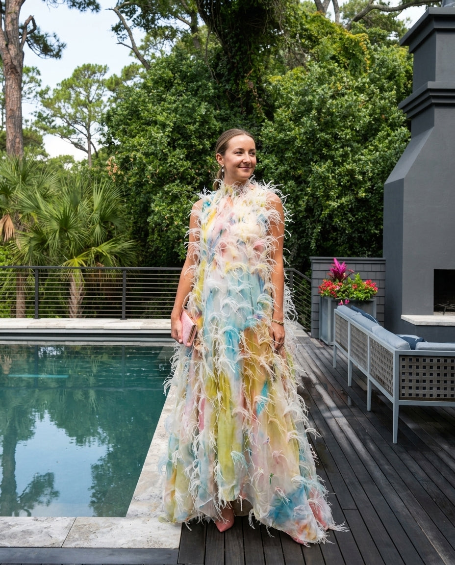 Multicolor Muse Abstract Print Maxi Dress Multicolor Maxi Dress with Asymmetric silhouette and Textured texture, front view product image for Vacation Evening, Sunset in Malibu, US Coastal Glam by Mesadic