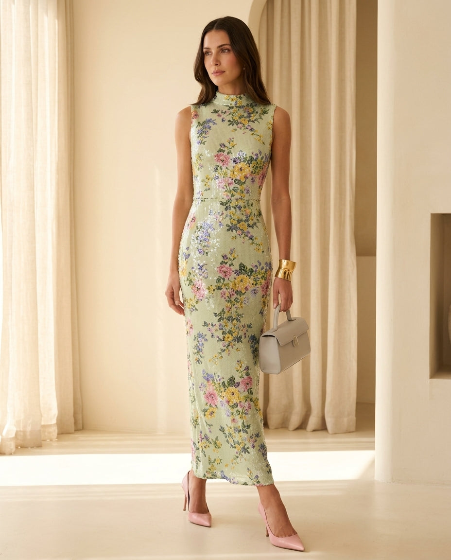 Light Green Grace Evening Floral Maxi Dress Light Green Maxi Dress with Relaxed Fit silhouette and Textured texture, front view product image for Date Night, a rooftop dinner in LA, US Coastal Glam by Mesadic