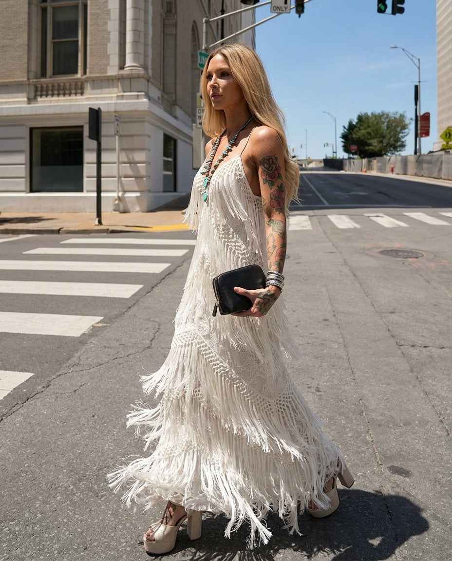 Ivory Reverie Resort Crochet Maxi Dress Ivory Maxi Dress with Asymmetric silhouette and Ribbed Knit texture, front view product image for Resort Wear, Sunset in Malibu, US Coastal Glam by Mesadic