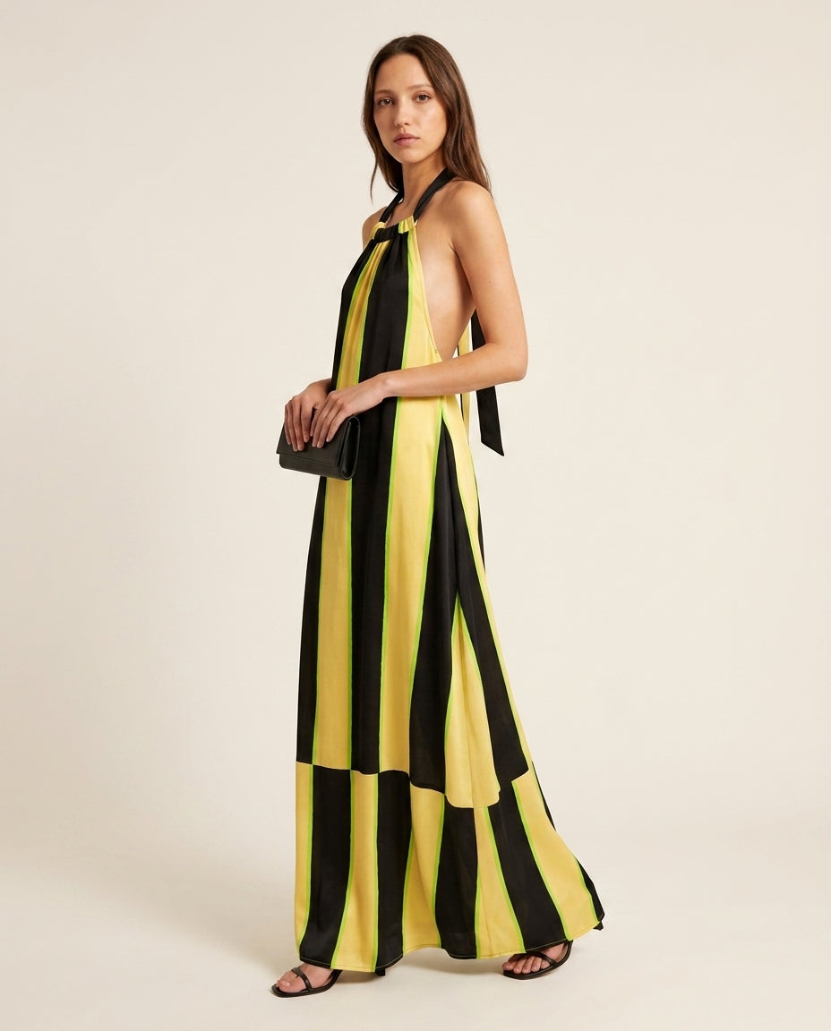 Black Grace Resort Striped Romper Black Romper with Relaxed Fit silhouette and Satin texture, front view product image for Resort Wear, an estate dinner at golden hour, US East / Hamptons Elite by Mesadic
