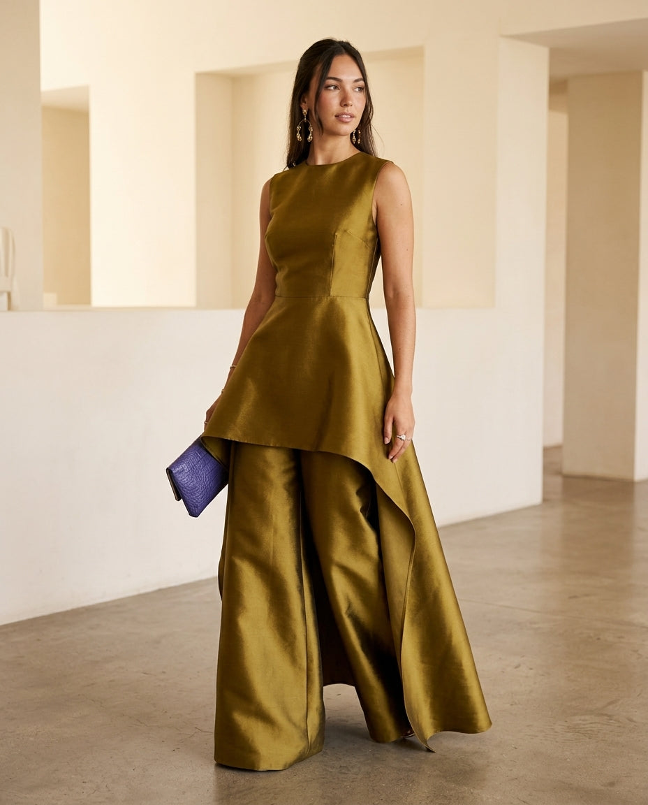 Olive Green Velvet Evening Pant Set Olive Green Pant Set with Wide-Leg silhouette and Textured texture, front view product image for Date Night, a polished coastal brunch, US East / Hamptons Elite by Mesadic