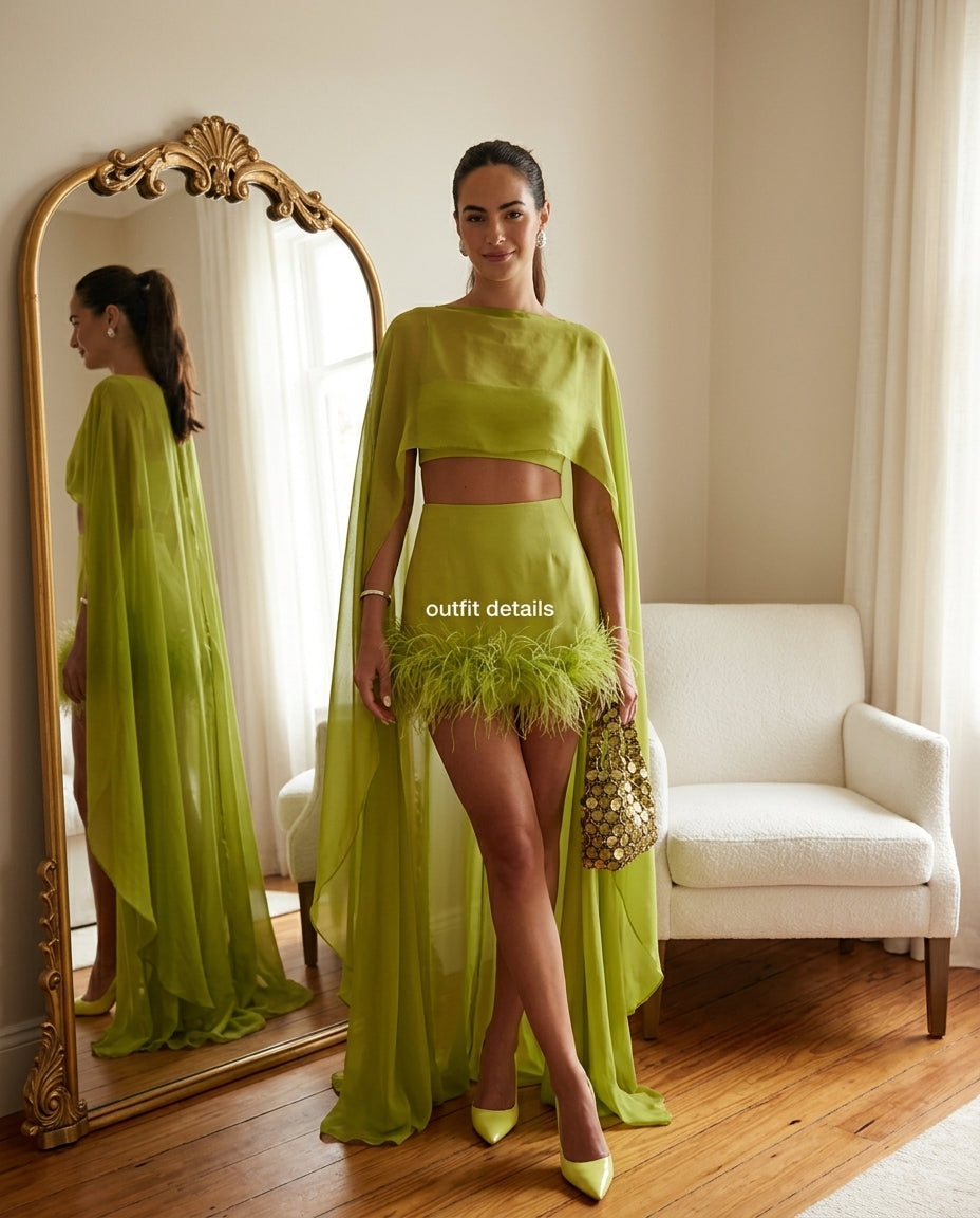 Sage Allure Summer Two-Piece Set Sage Two-Piece Set with Asymmetric silhouette and Textured texture, front view product image for Summer Getaway, a private garden lunch, US East / Hamptons Elite by Mesadic