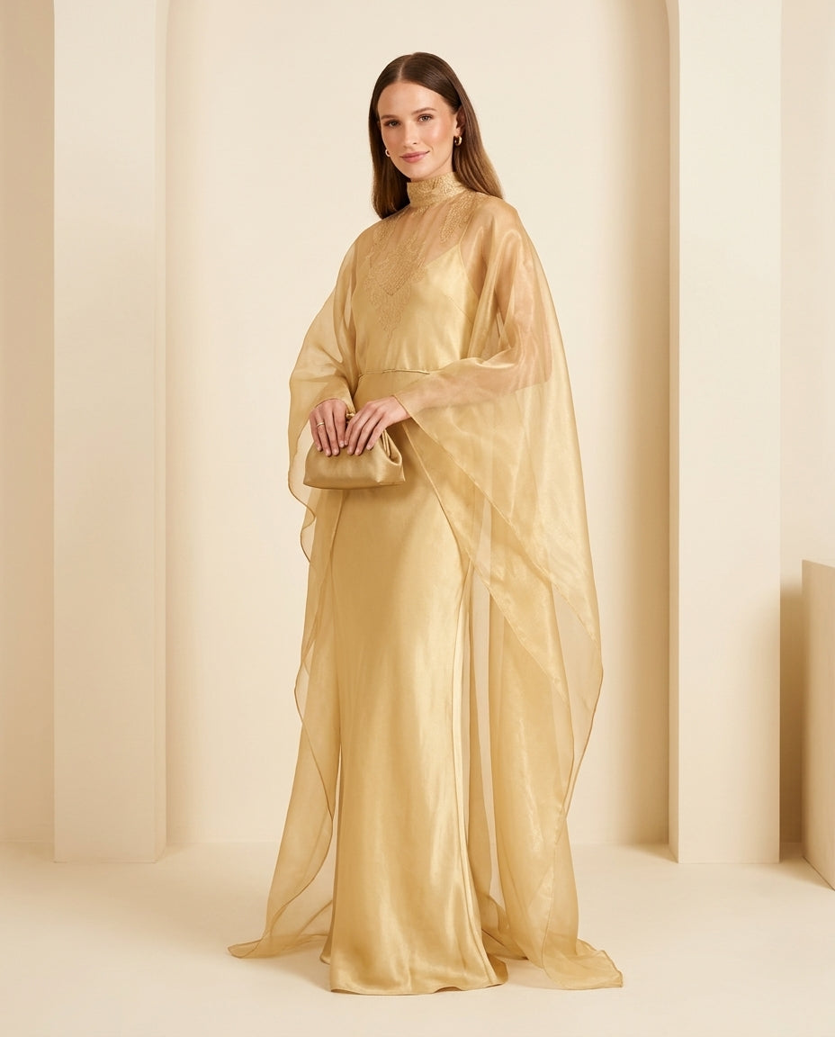 Gold Charm Evening Lace Maxi Dress Gold Maxi Dress with Asymmetric silhouette and Textured texture, front view product image for Date Night, a gallery opening in Paris, Euro Chic Premium by Mesadic