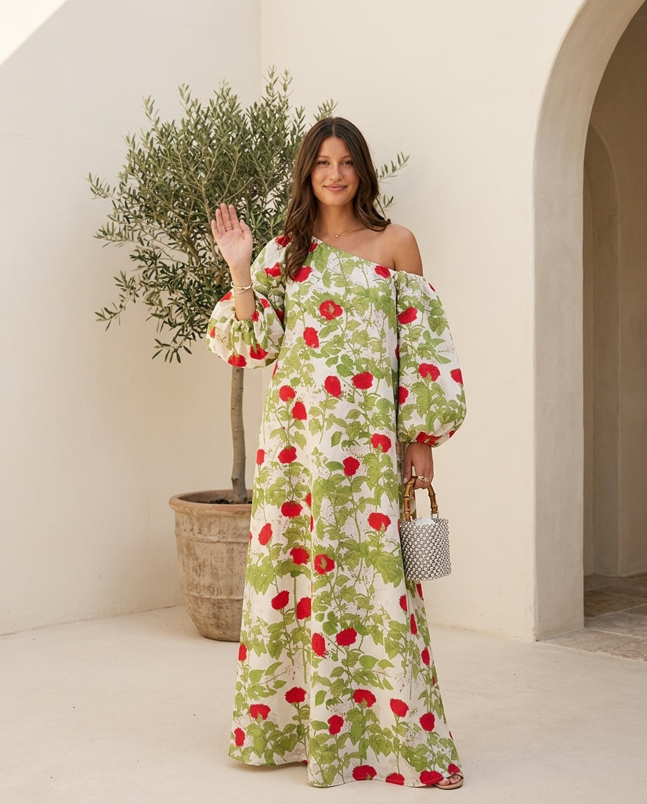 Ivory Reverie Resort Floral Maxi Dress Ivory Maxi Dress with Relaxed Fit silhouette and Linen Blend texture, front view product image for Resort Wear, Sunset in Malibu, US Coastal Glam by Mesadic