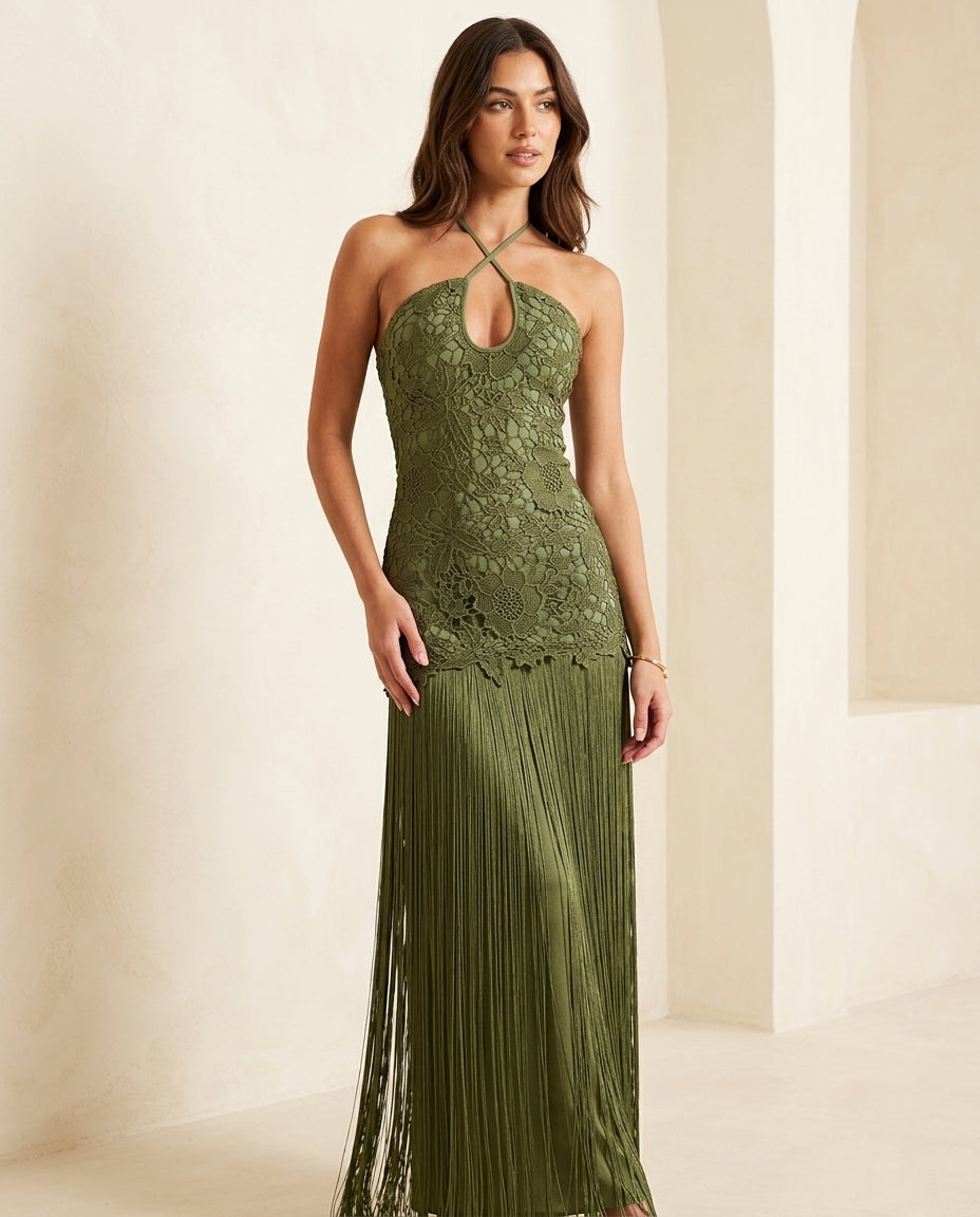 Olive Green Grace Evening Lace Romper Olive Green Romper with Relaxed Fit silhouette and Textured texture, front view product image for Resort Wear, a London dinner reservation, Euro Chic Premium by ads.floravincie