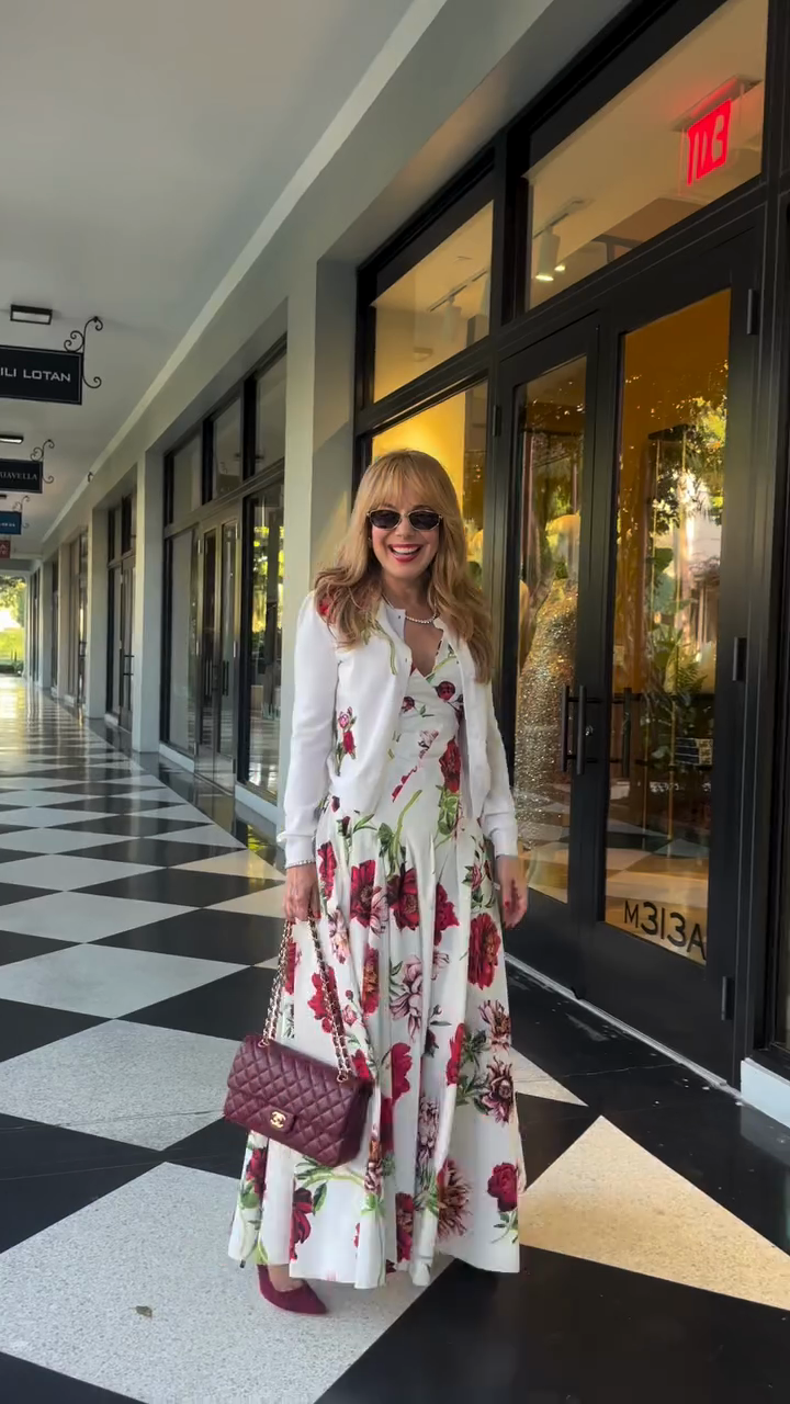 Red floral maxi dress and white knit cardigan set-Mesadic