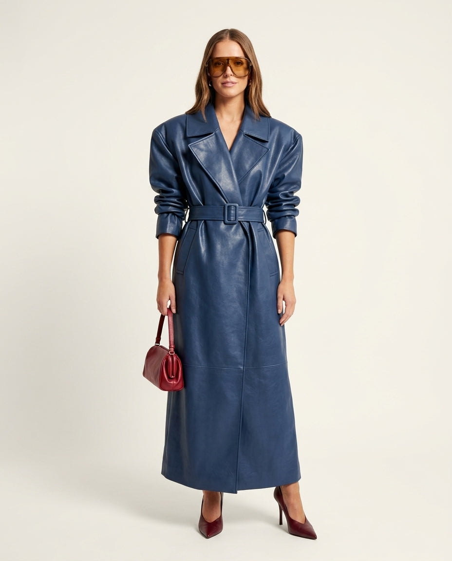 Blue Solace Trench Coat Blue Trench Coat with Relaxed Fit silhouette and Structured texture, clean studio product view for Business Casual, a polished coastal brunch, US East / Hamptons Elite by Mesadic