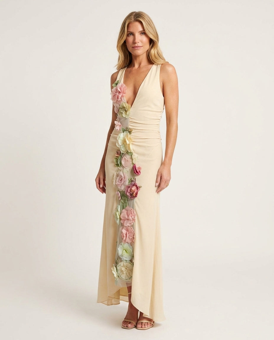 Ivory Muse Summer Floral Maxi Dress Ivory Maxi Dress with Relaxed Fit silhouette and Textured texture, clean studio product view for Wedding Guest, Brunch in SoHo, US Coastal Glam by Mesadic