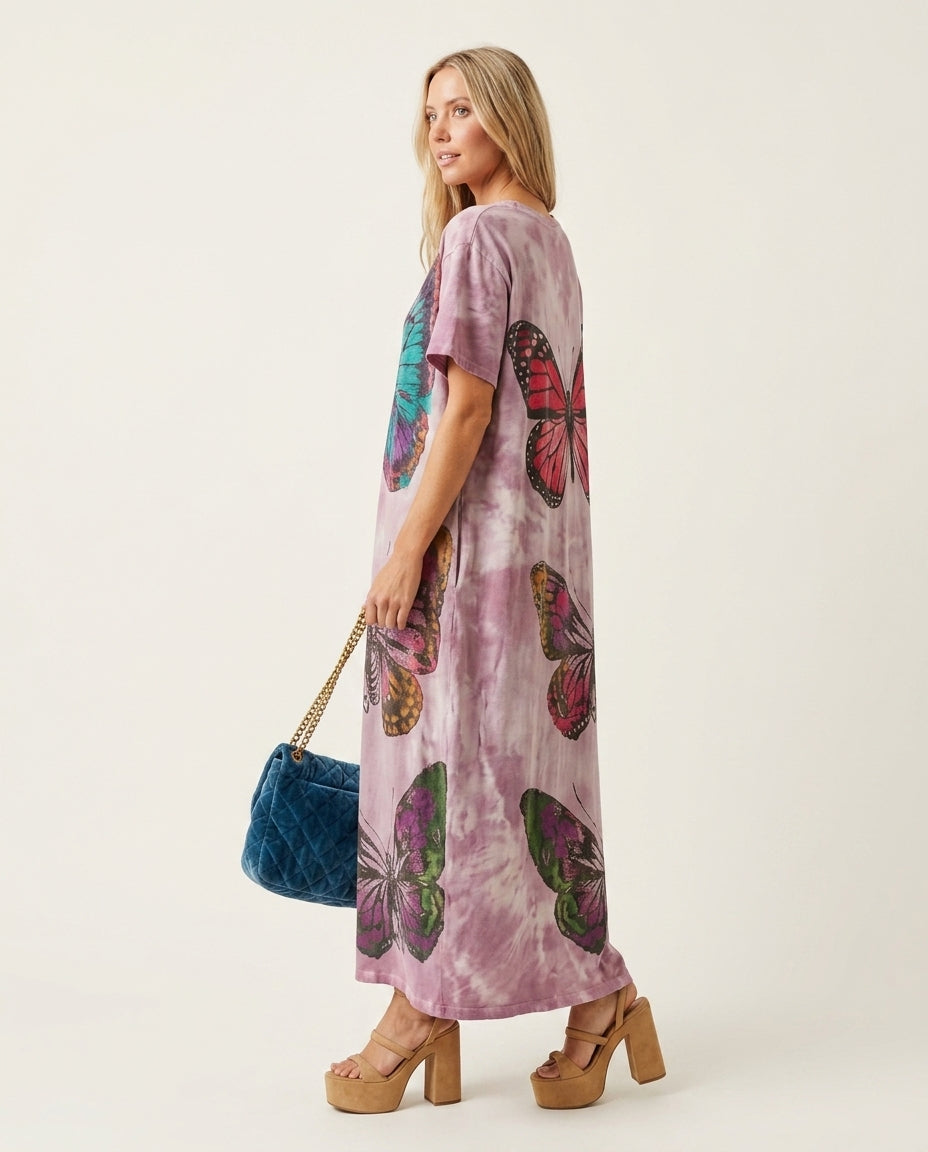 Lavender Tie-Dye Muse Summer Floral Maxi Dress Lavender Tie-Dye Maxi Dress with Asymmetric silhouette and Ribbed Knit texture, clean studio product view for Garden Party, an estate dinner at golden hour, US East / Hamptons Elite by Mesadic
