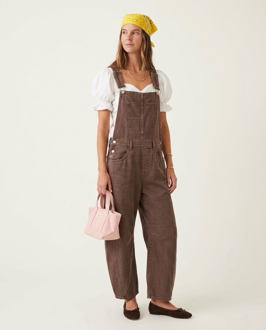 Brown Aura Denim Jumpsuit Brown Jumpsuit with Wide-Leg silhouette and Textured texture, clean studio product view for Business Casual, Sunset in Malibu, US Coastal Glam by Mesadic