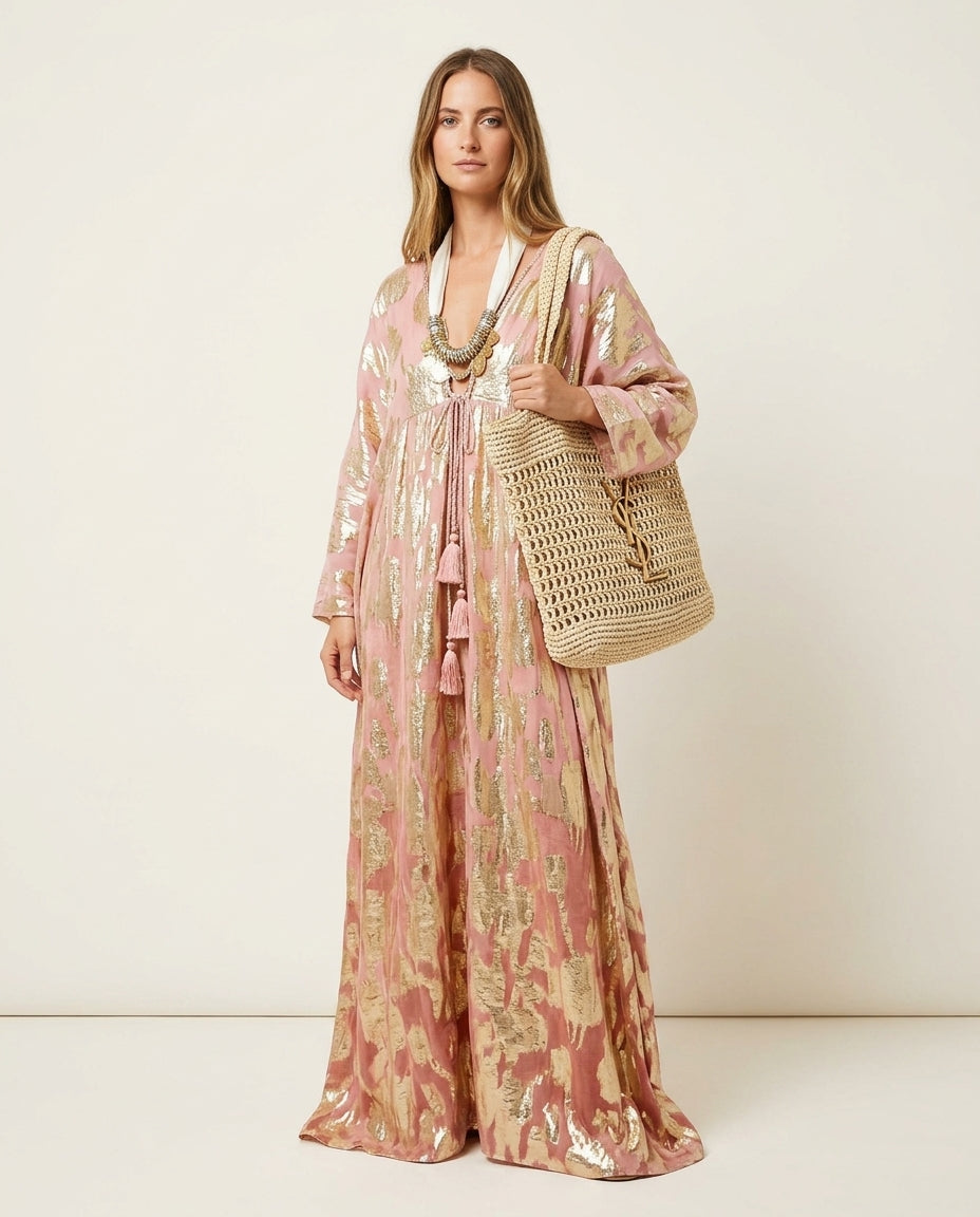 Pink Bloom Resort Printed Maxi Dress Pink Maxi Dress with Relaxed Fit silhouette and Textured texture, clean studio product view for Resort Wear, a London dinner reservation, Euro Chic Premium by Mesadic