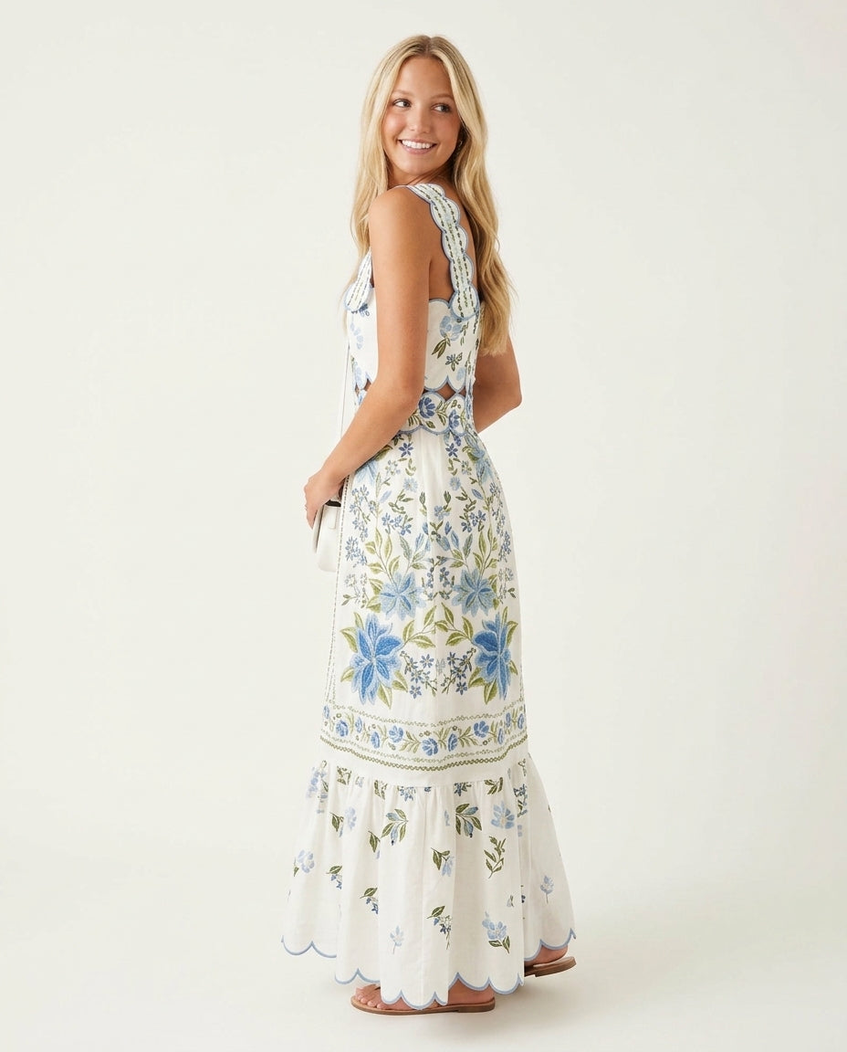 Ivory Grace Resort Embroidered Maxi Dress Ivory Maxi Dress with Asymmetric silhouette and Textured texture, clean studio product view for Resort Wear, a private garden lunch, US East / Hamptons Elite by Mesadic