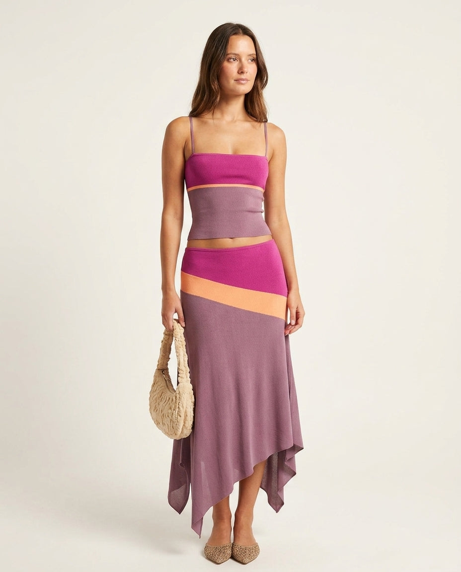 Lilac Gleam Resort Skirt Set Lilac Skirt Set with Asymmetric silhouette and Ribbed Knit texture, clean studio product view for Resort Wear, Evening in Amalfi, Euro Chic Premium by Mesadic