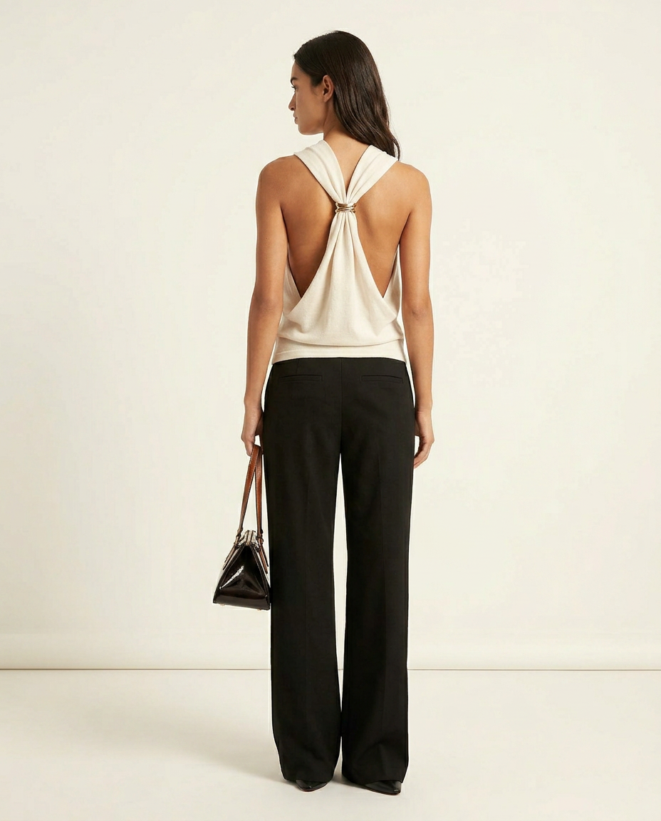 Ivory Reverie Summer Halter Top Ivory Top with Asymmetric silhouette and Ribbed Knit texture, clean studio product view for Weekend Brunch, an estate dinner at golden hour, US East / Hamptons Elite by Mesadic