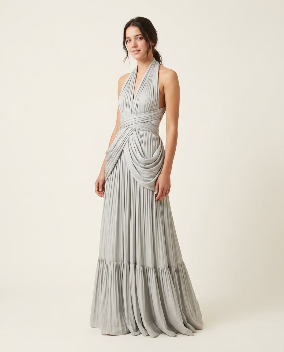 Grey Aura Pleated Maxi Dress Grey Maxi Dress with Relaxed Fit silhouette and Textured texture, clean studio product view for Wedding Guest, Coffee in Marais, Euro Chic Premium by Mesadic