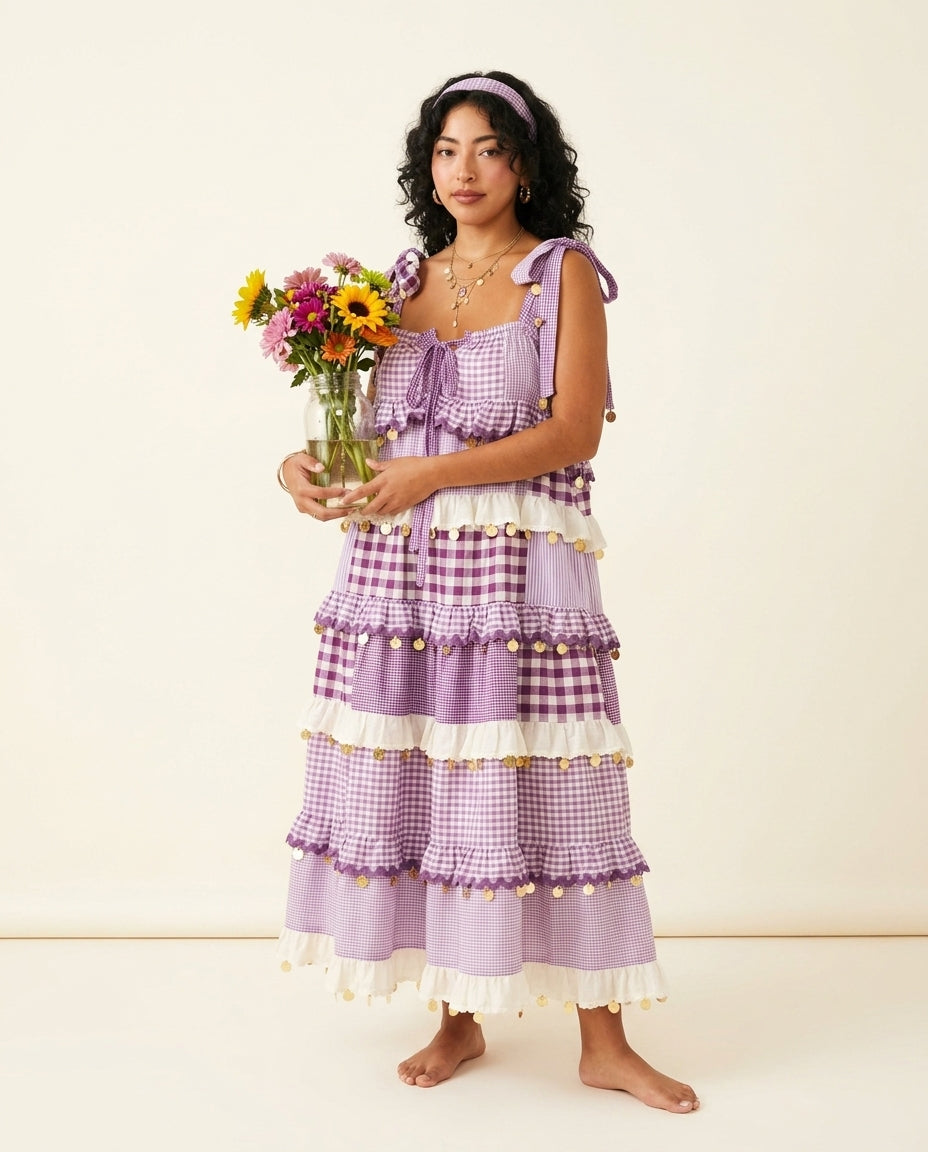 Lilac Velvet Resort Tiered Maxi Dress Lilac Maxi Dress with Asymmetric silhouette and Textured texture, clean studio product view for Resort Wear, a polished coastal brunch, US East / Hamptons Elite by Mesadic