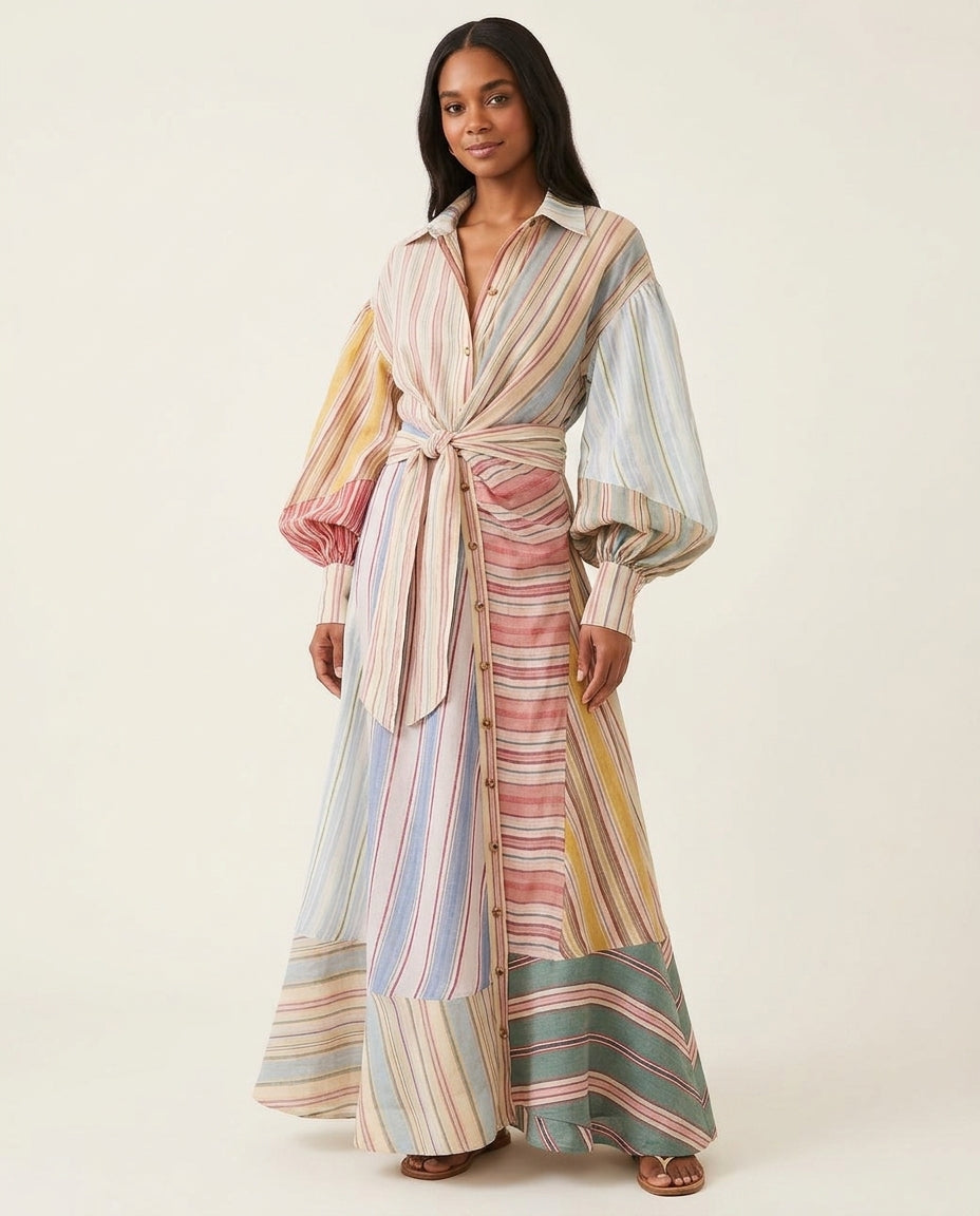 Multi-Color Allure Resort Striped Maxi Dress Multi-Color Maxi Dress with Relaxed Fit silhouette and Linen Blend texture, clean studio product view for Resort Wear, an estate dinner at golden hour, US East / Hamptons Elite by Mesadic