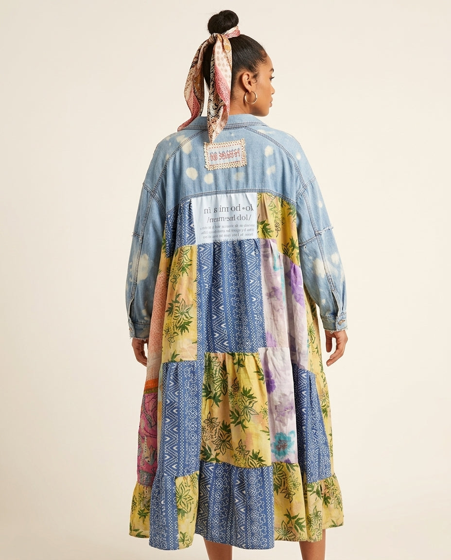 Light Wash Denim Blue Whisper Floral Maxi Dress Light Wash Denim Blue Maxi Dress with Asymmetric silhouette and Textured texture, clean studio product view for Business Casual, an estate dinner at golden hour, US East / Hamptons Elite by Mesadic