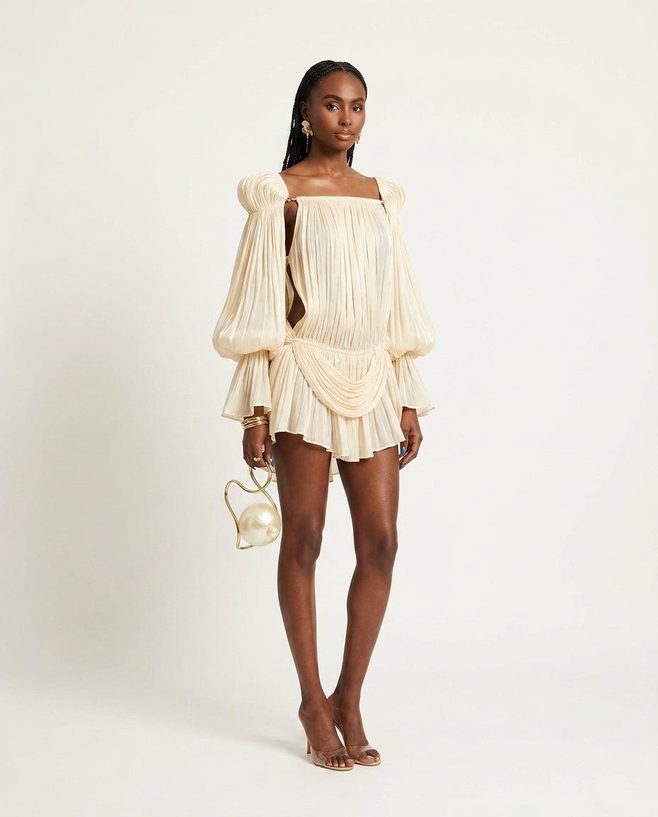 Ivory Whisper Summer Pleated Maxi Dress Ivory Maxi Dress with Relaxed Fit silhouette and Textured texture, clean studio product view for Vacation Evening, a gallery opening in Paris, Euro Chic Premium by Mesadic