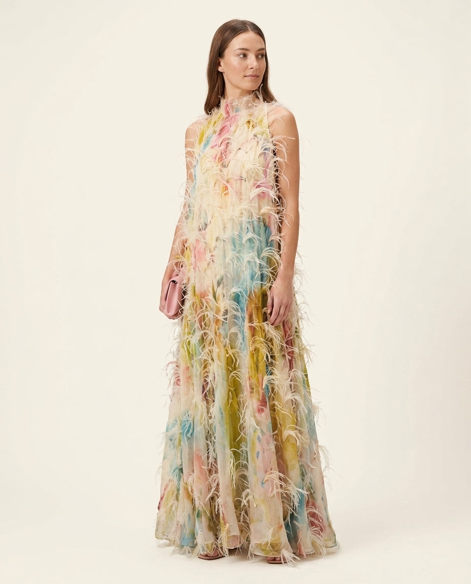 Multicolor Muse Abstract Print Maxi Dress Multicolor Maxi Dress with Asymmetric silhouette and Textured texture, clean studio product view for Vacation Evening, Sunset in Malibu, US Coastal Glam by Mesadic