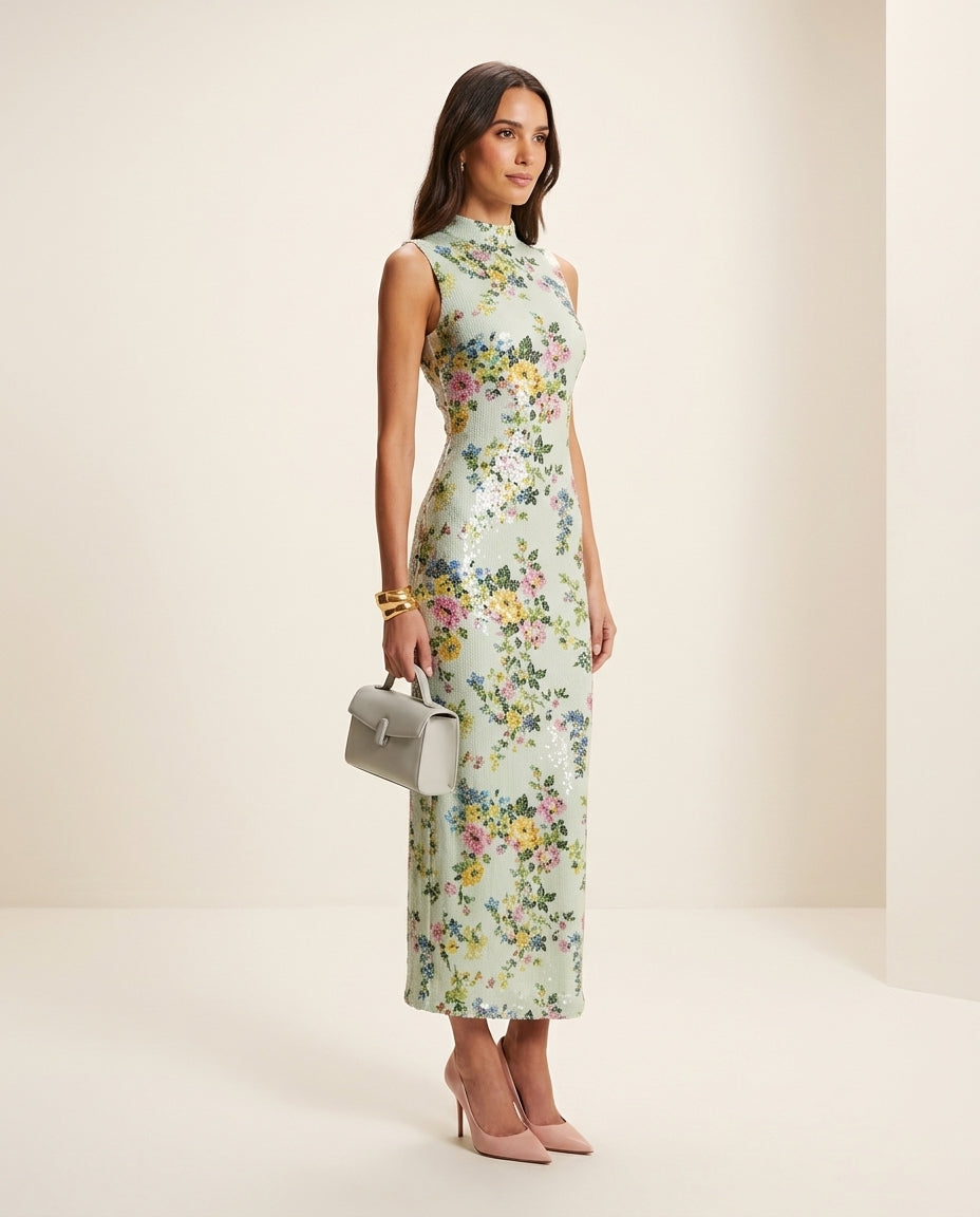 Light Green Grace Evening Floral Maxi Dress Light Green Maxi Dress with Relaxed Fit silhouette and Textured texture, clean studio product view for Date Night, a rooftop dinner in LA, US Coastal Glam by Mesadic