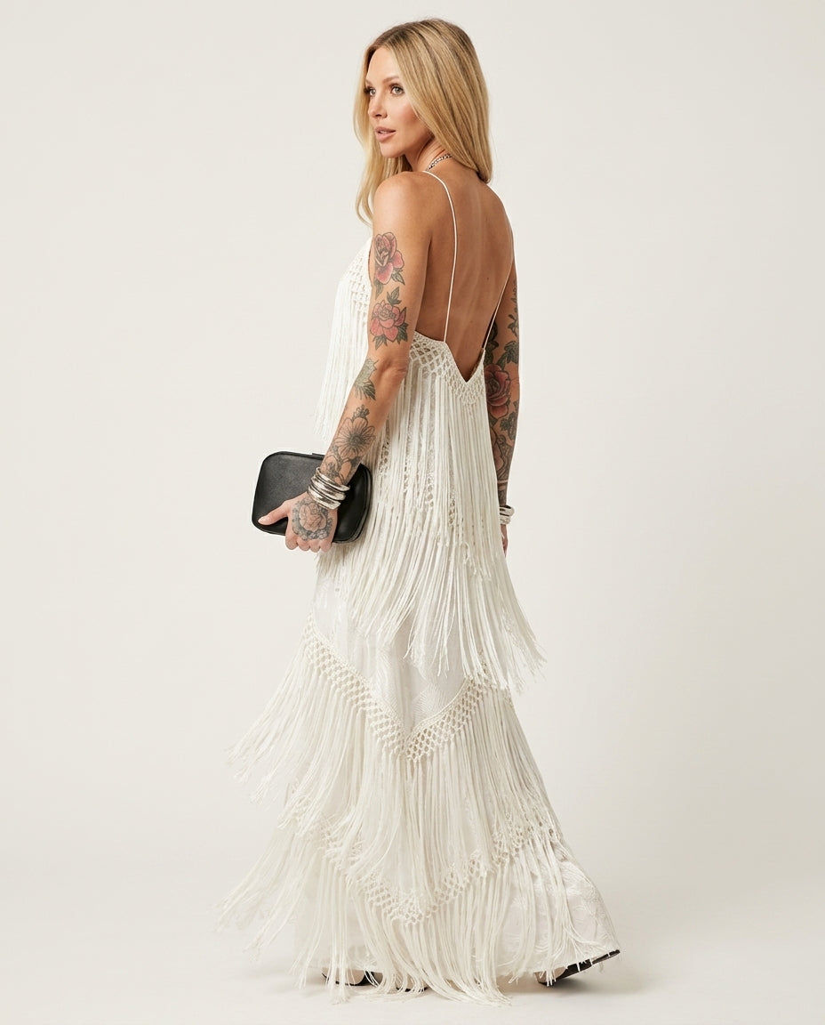 Ivory Reverie Resort Crochet Maxi Dress Ivory Maxi Dress with Asymmetric silhouette and Ribbed Knit texture, clean studio product view for Resort Wear, Sunset in Malibu, US Coastal Glam by Mesadic