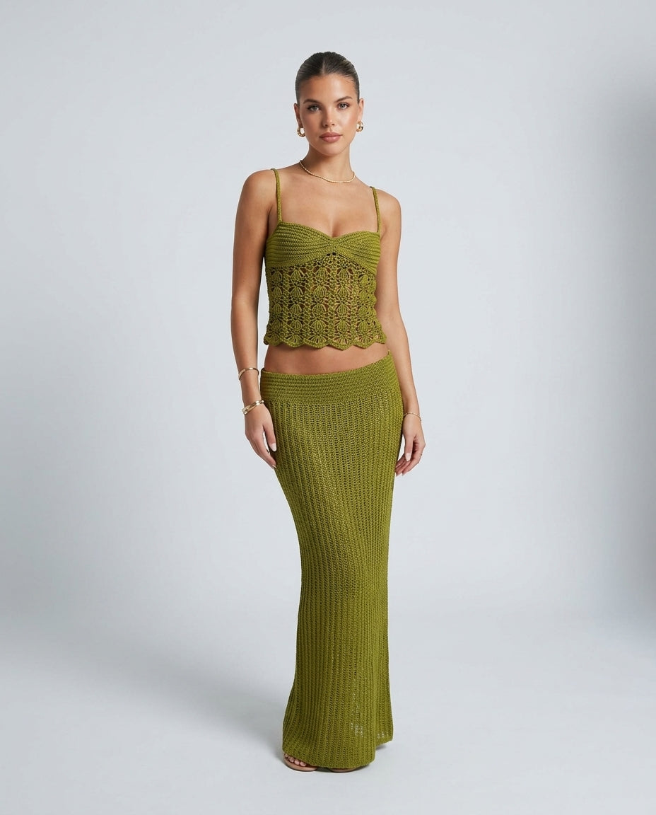 Olive Green Allure Resort Crochet Romper Olive Green Romper with Cropped silhouette and Ribbed Knit texture, clean studio product view for Resort Wear, Brunch in SoHo, US Coastal Glam by Mesadic