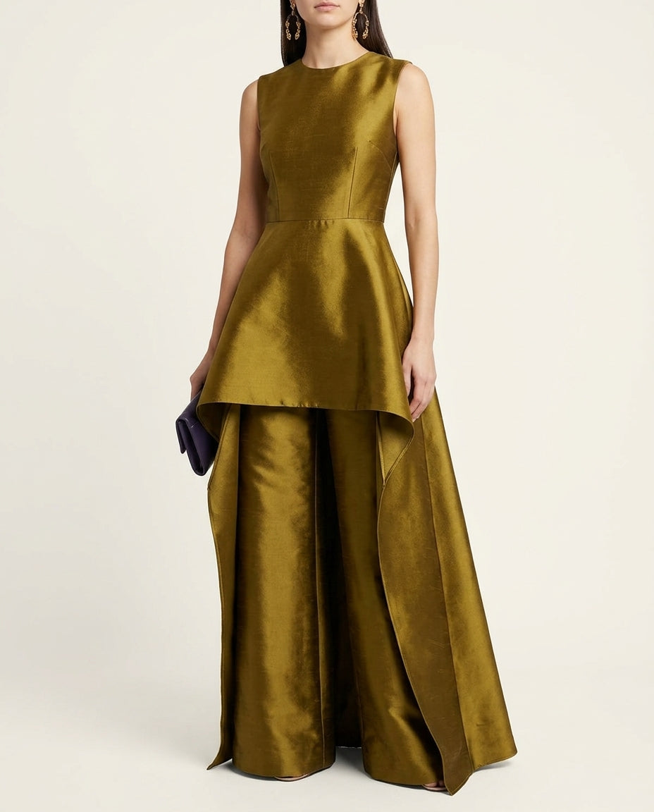 Olive Green Velvet Evening Pant Set Olive Green Pant Set with Wide-Leg silhouette and Textured texture, clean studio product view for Date Night, a polished coastal brunch, US East / Hamptons Elite by Mesadic