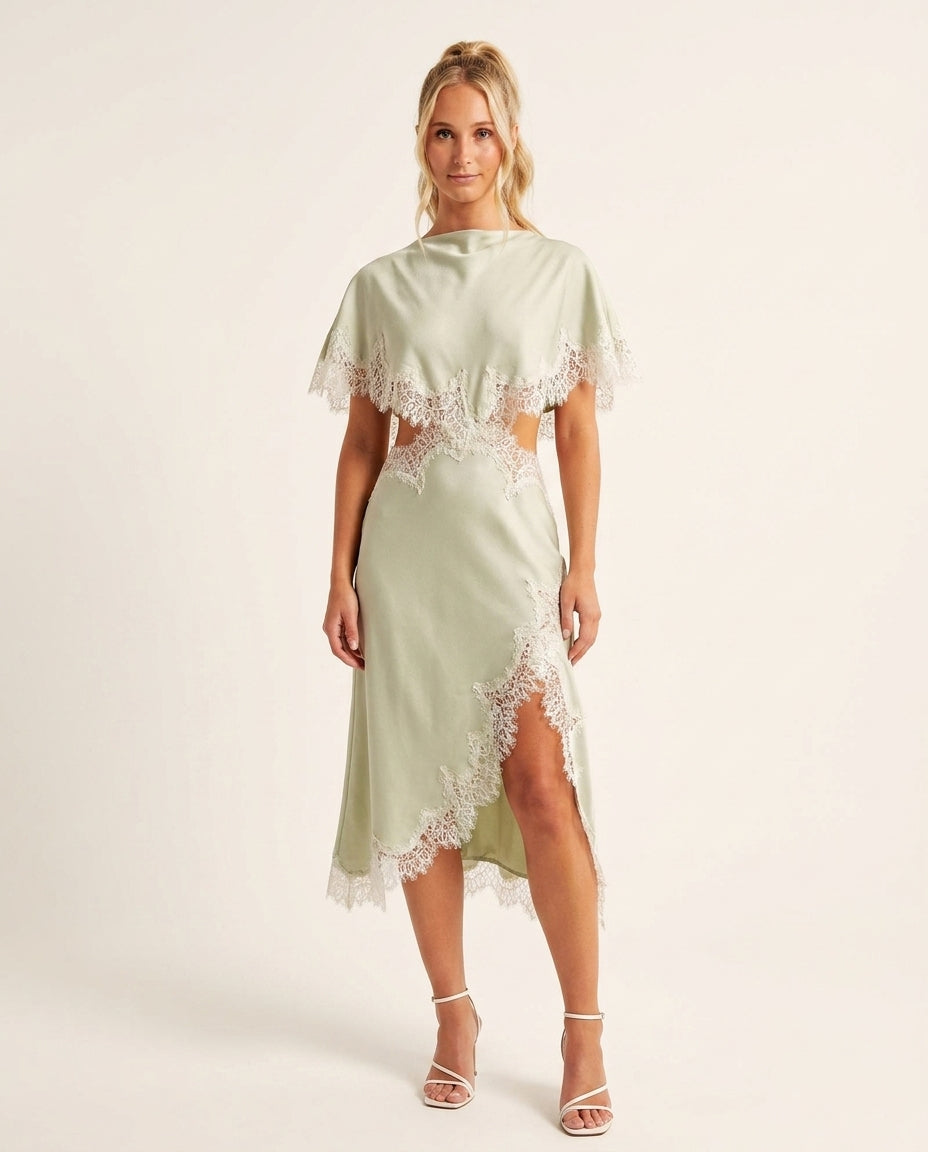 Light Green Reverie Summer Lace Two-Piece Set Light Green Two-Piece Set with Relaxed Fit silhouette and Satin texture, clean studio product view for Weekend Escape, Sunset in Malibu, US Coastal Glam by Mesadic
