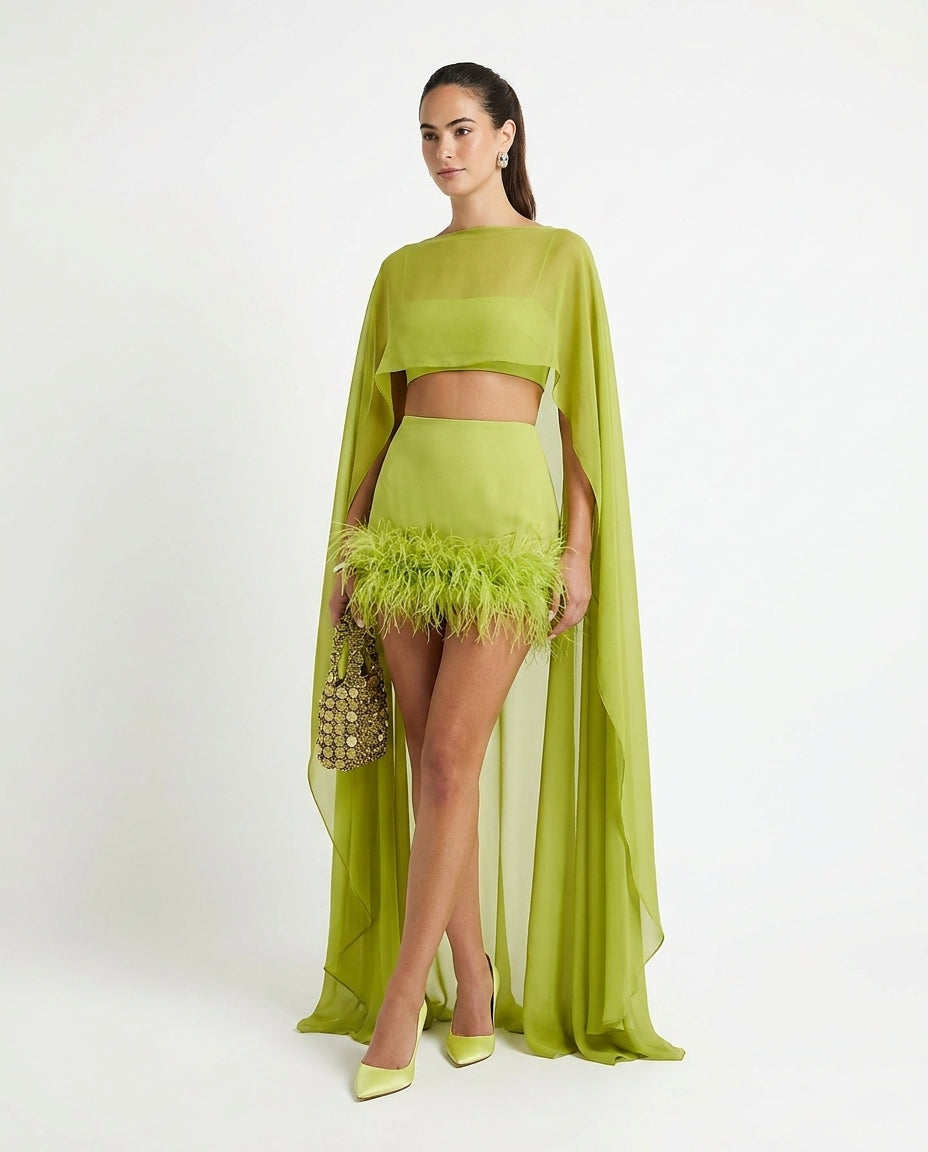 Sage Allure Summer Two-Piece Set Sage Two-Piece Set with Asymmetric silhouette and Textured texture, clean studio product view for Summer Getaway, a private garden lunch, US East / Hamptons Elite by Mesadic