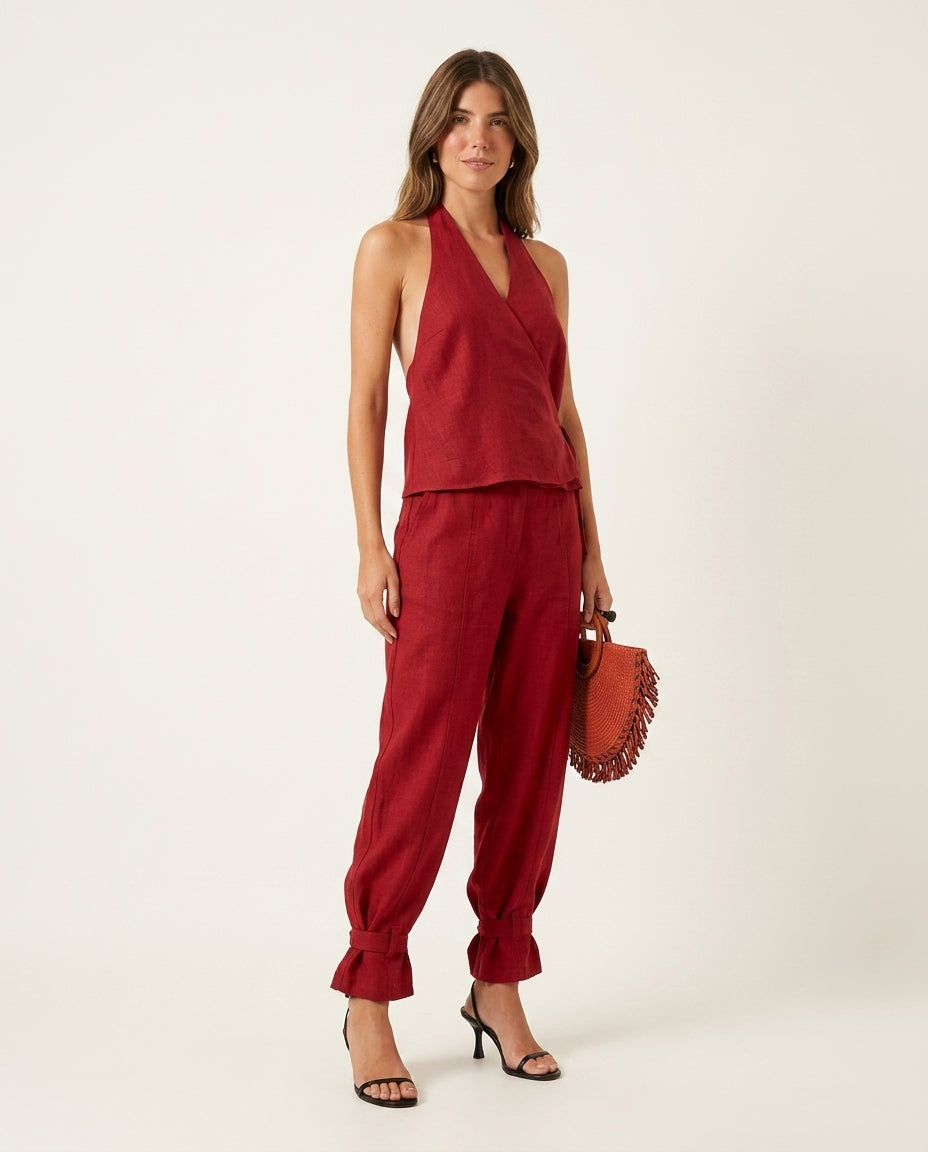 Rust Grace Resort Ruffled Pant Set Rust Pant Set with Asymmetric silhouette and Linen Blend texture, clean studio product view for Resort Wear, a Palm Springs weekend, US Coastal Glam by Mesadic