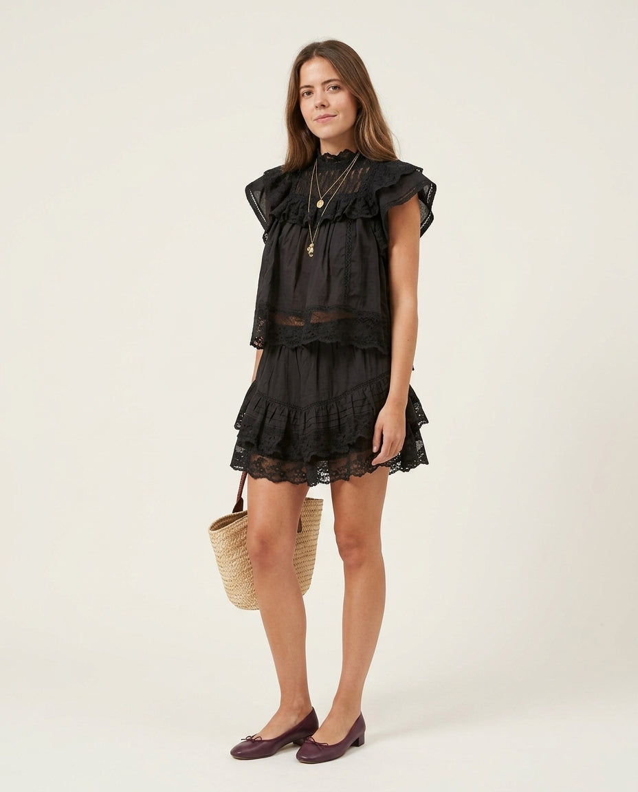 Black Lustre Resort Eyelet Skirt Set Black Skirt Set with Relaxed Fit silhouette and Textured texture, clean studio product view for Resort Wear, Sunset in Malibu, US Coastal Glam by Mesadic