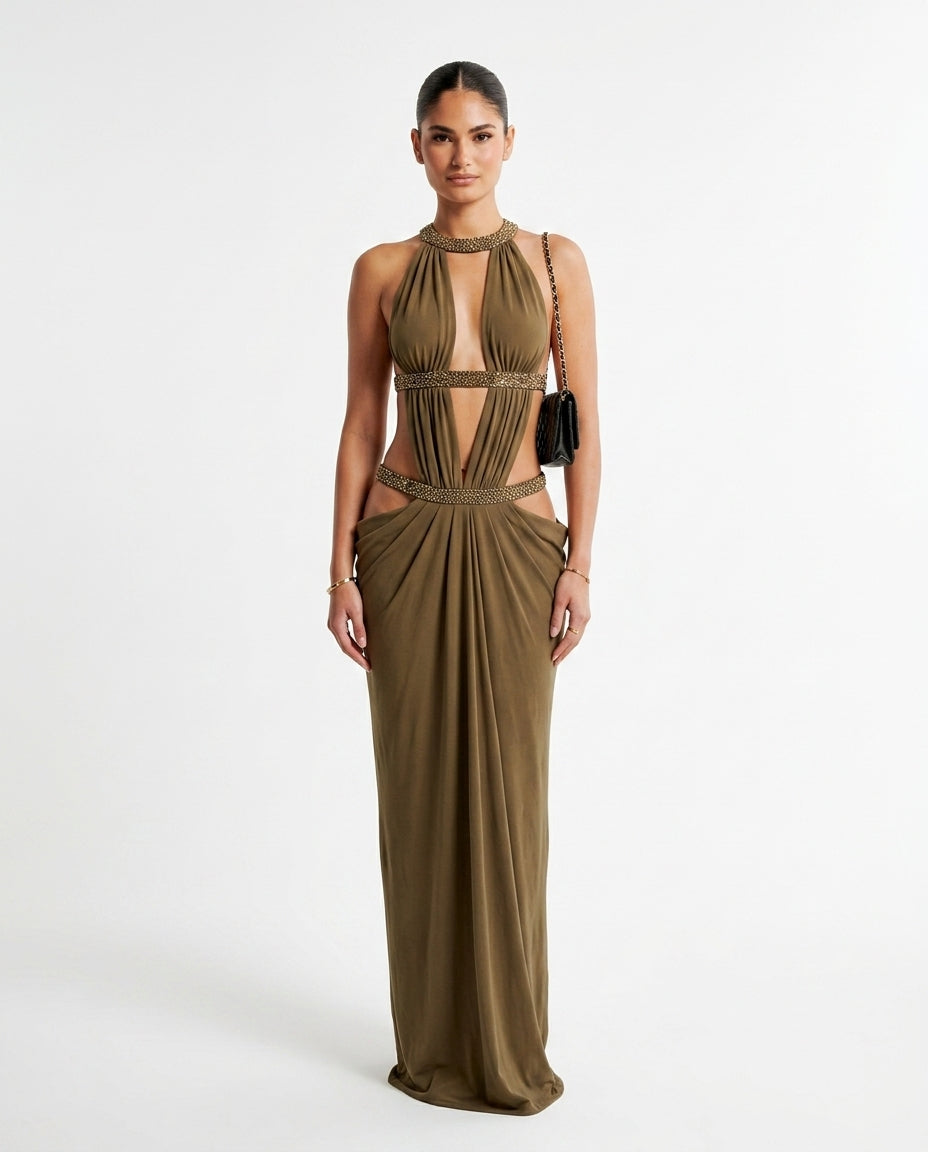 Olive Muse Evening Halter Maxi Dress Olive Maxi Dress with Relaxed Fit silhouette and Ribbed Knit texture, clean studio product view for Resort Wear, Brunch in SoHo, US Coastal Glam by Mesadic
