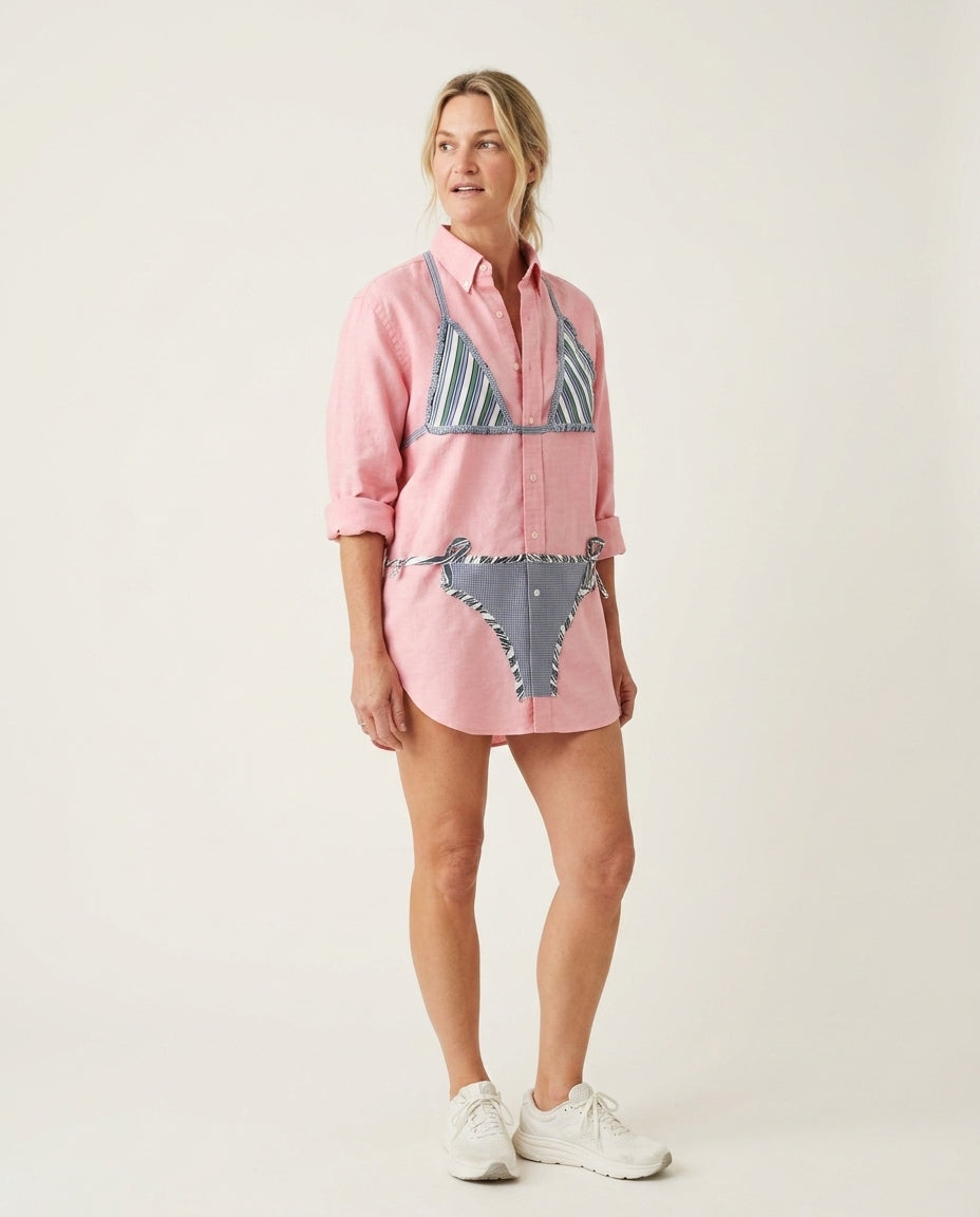Pink Bloom Resort Linen Top Pink Top with Relaxed Fit silhouette and Linen Blend texture, clean studio product view for Resort Wear, a London dinner reservation, Euro Chic Premium by Mesadic