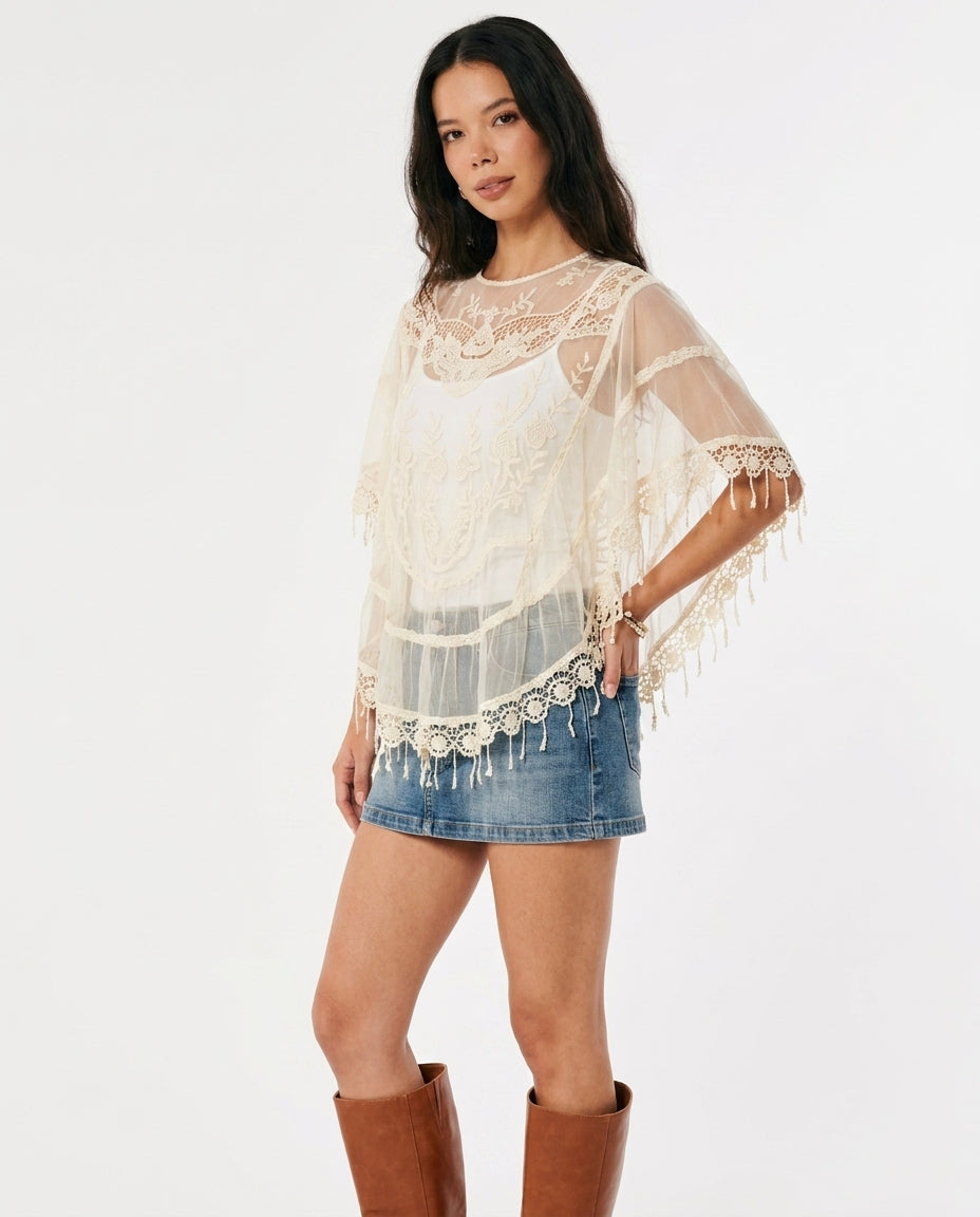 Ivory Bloom Lace Top Ivory Top with Relaxed Fit silhouette and Textured texture, clean studio product view for Date Night, a London dinner reservation, Euro Chic Premium by Mesadic
