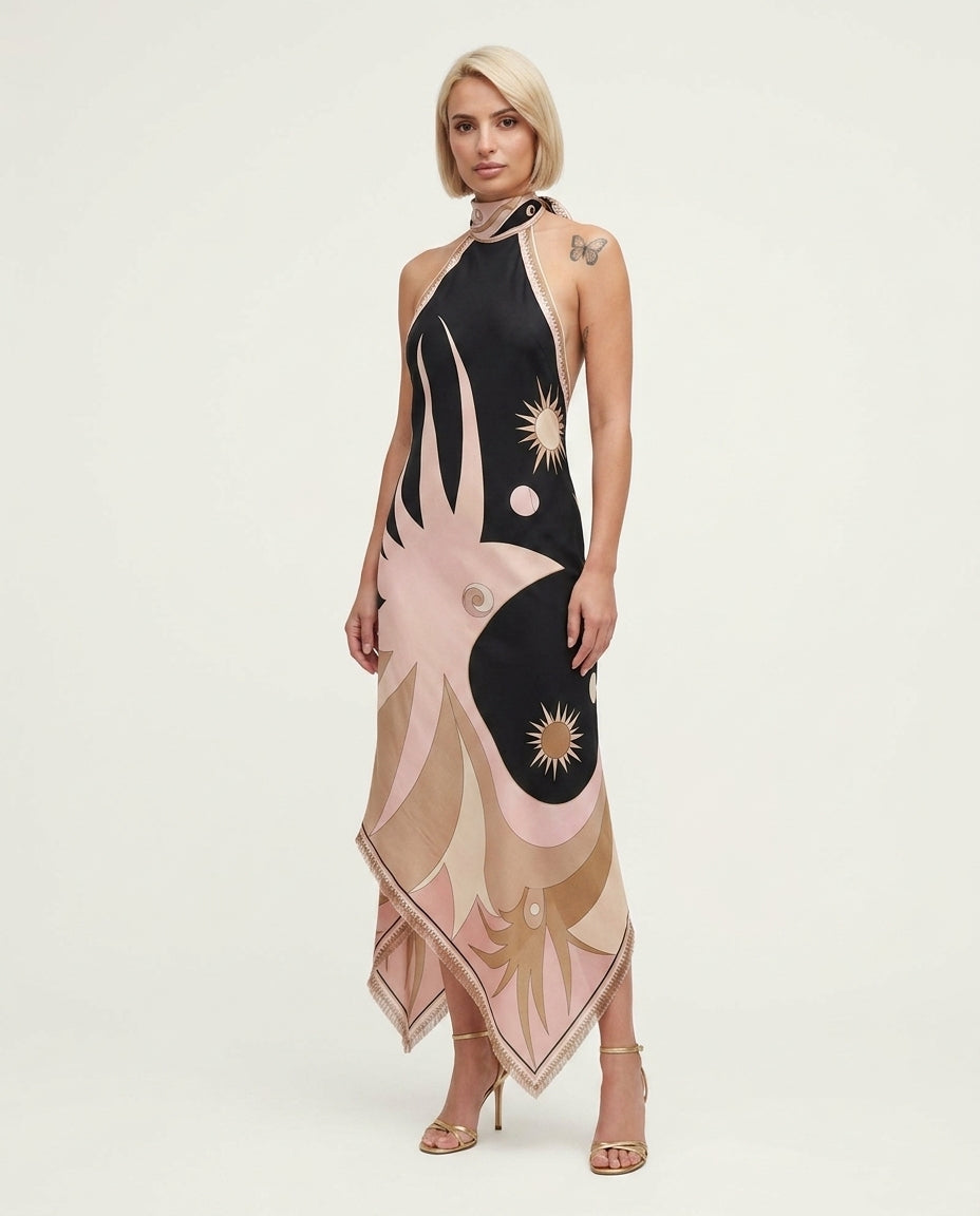 Black Whisper Resort Printed Maxi Dress Black Maxi Dress with Asymmetric silhouette and Satin texture, clean studio product view for Resort Wear, Sunset in Malibu, US Coastal Glam by Mesadic